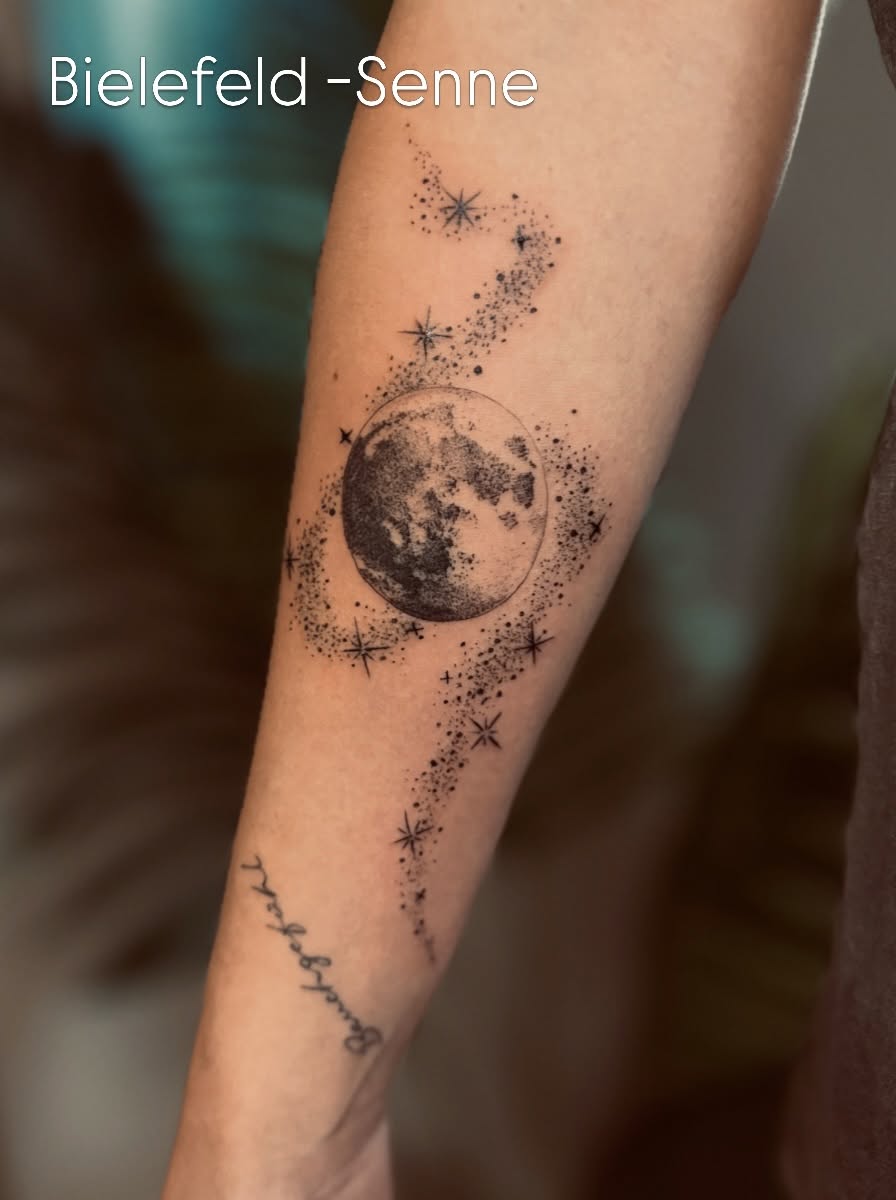 Moon and stars dotwork tattoo on the forearm by Die Ivo, Bielefeld, Germany
