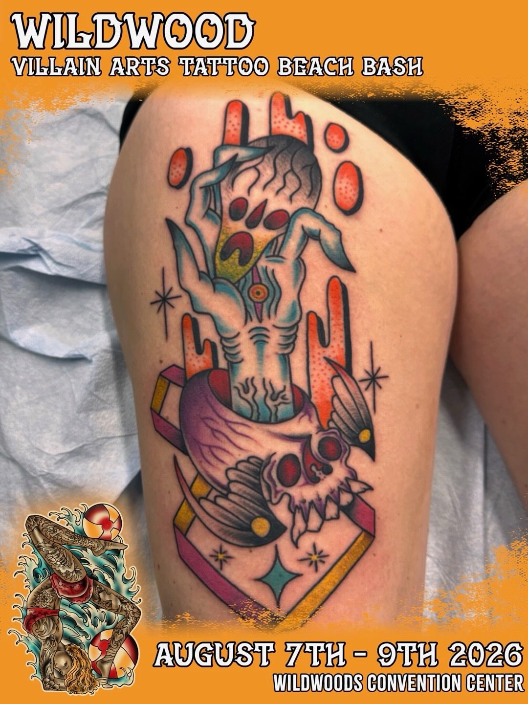 Skeleton with skull American traditional tattoo on the thigh by Fil Ponte