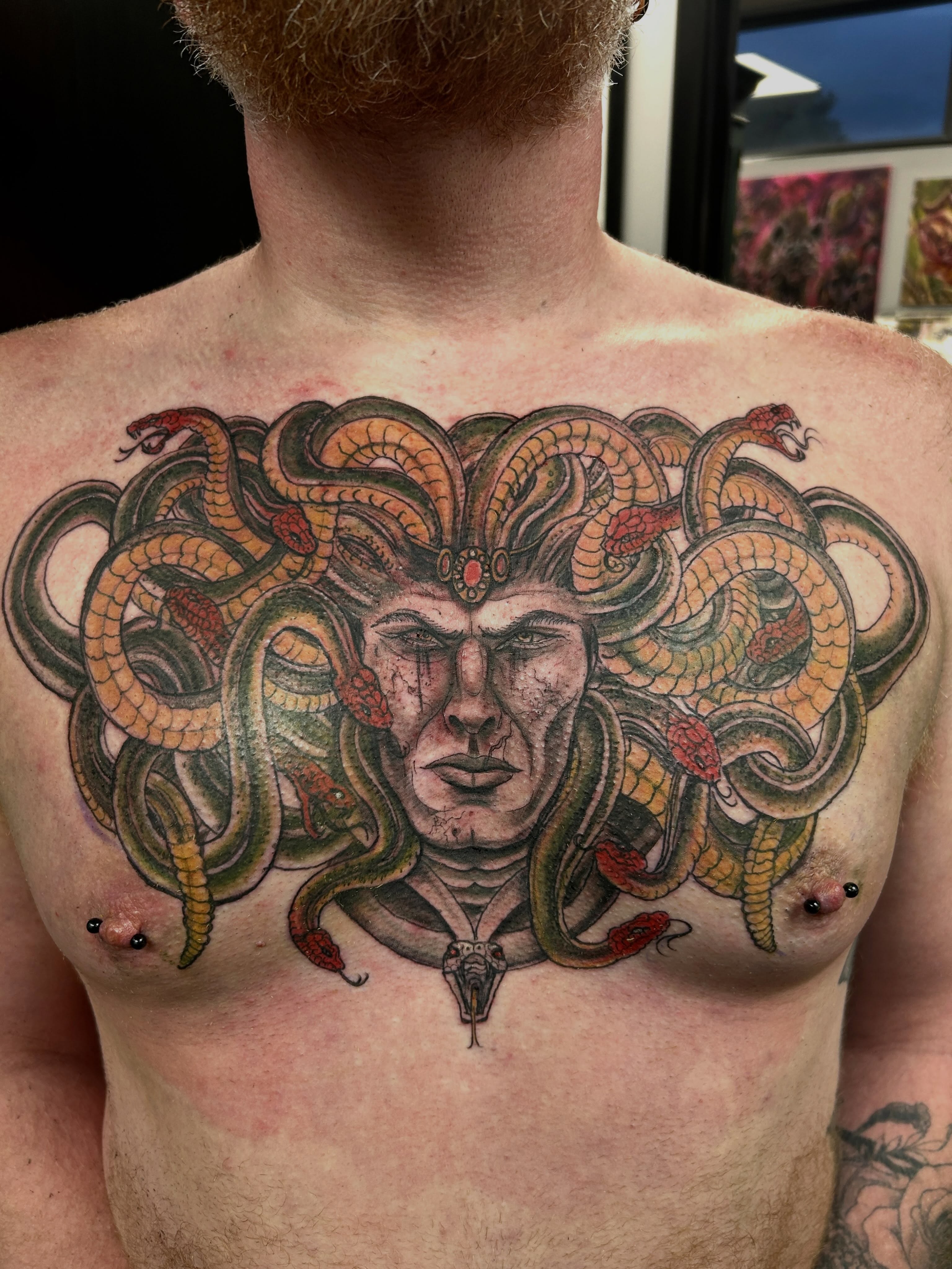 Medusa realism tattoo on the chest by B Hendrix, Cuyahoga Falls, Ohio
