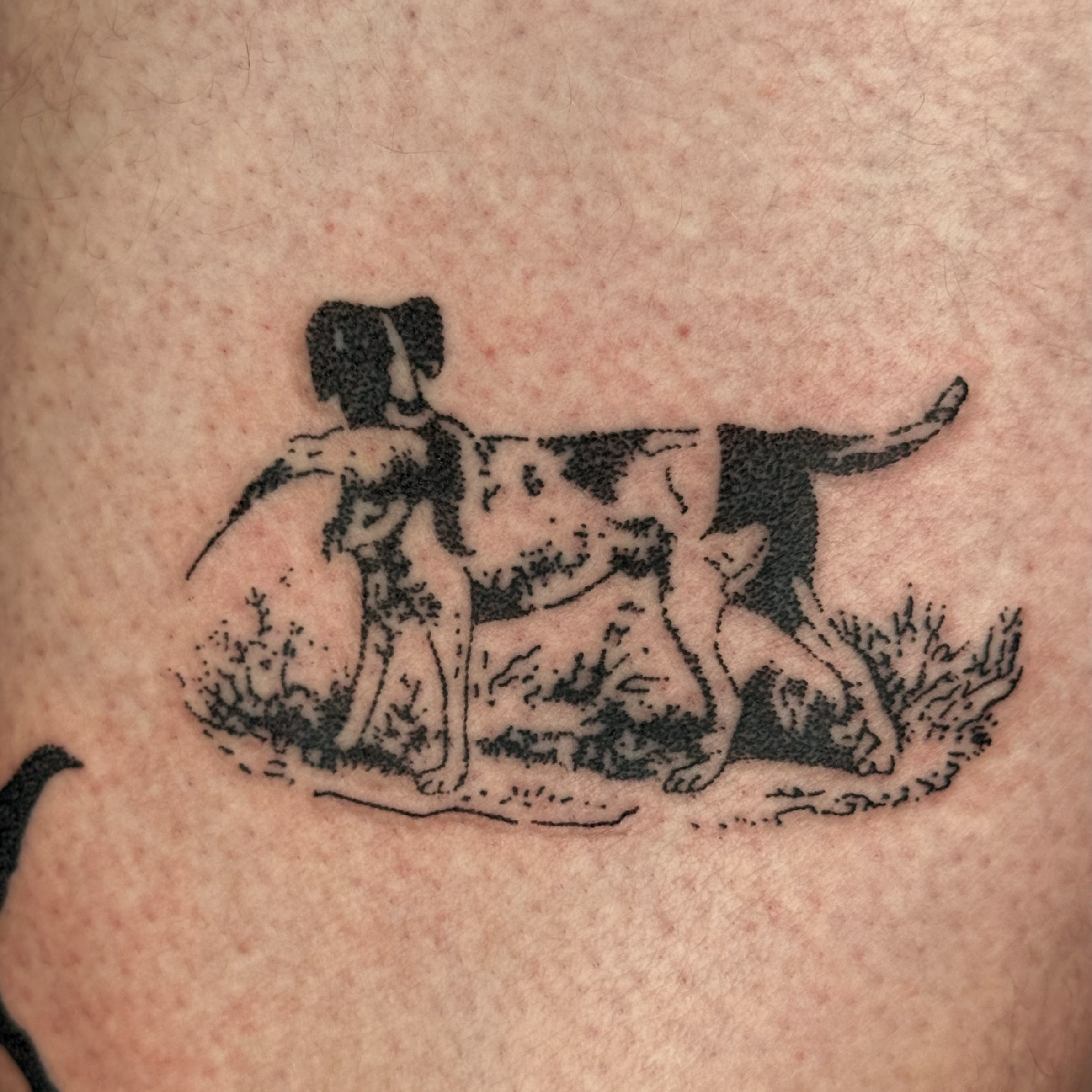 Woman and dog black and grey tattoo on the thigh by Joint Killer
