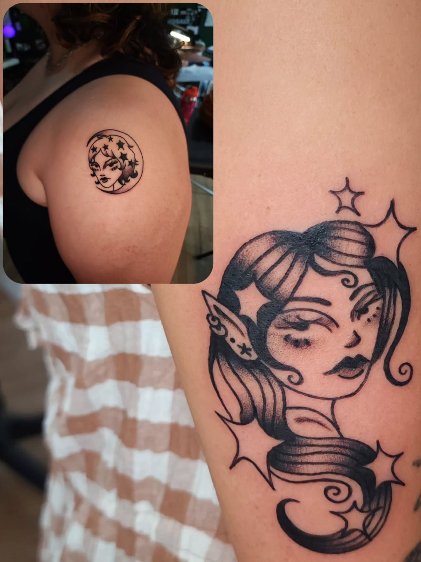 Elf woman American traditional tattoo on the shoulder by Maxine Stewart