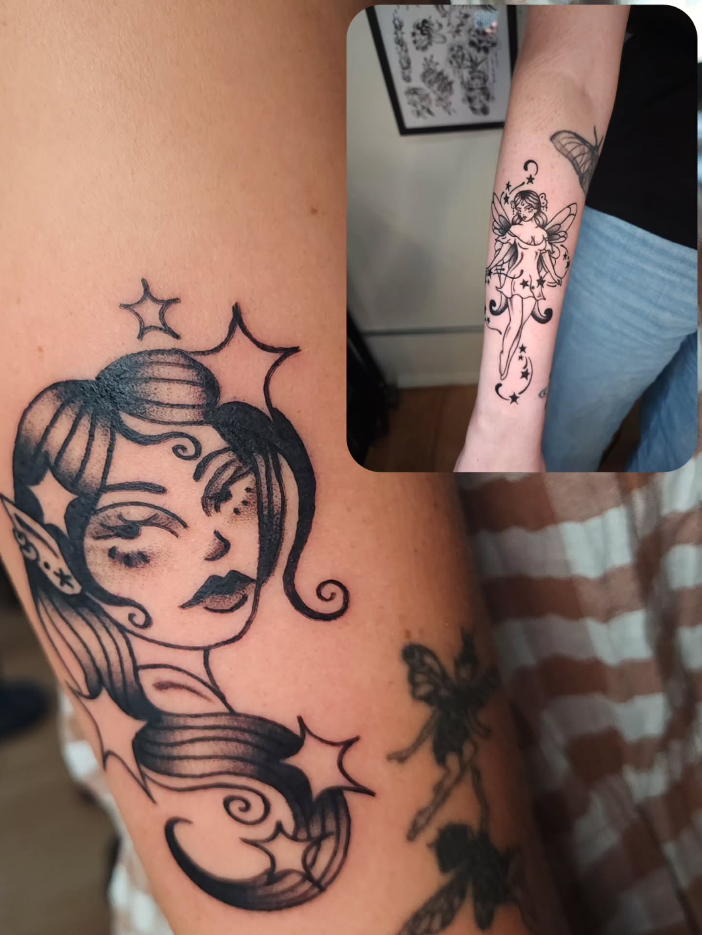 Female fairy American traditional tattoo on the thigh by Maxine Stewart