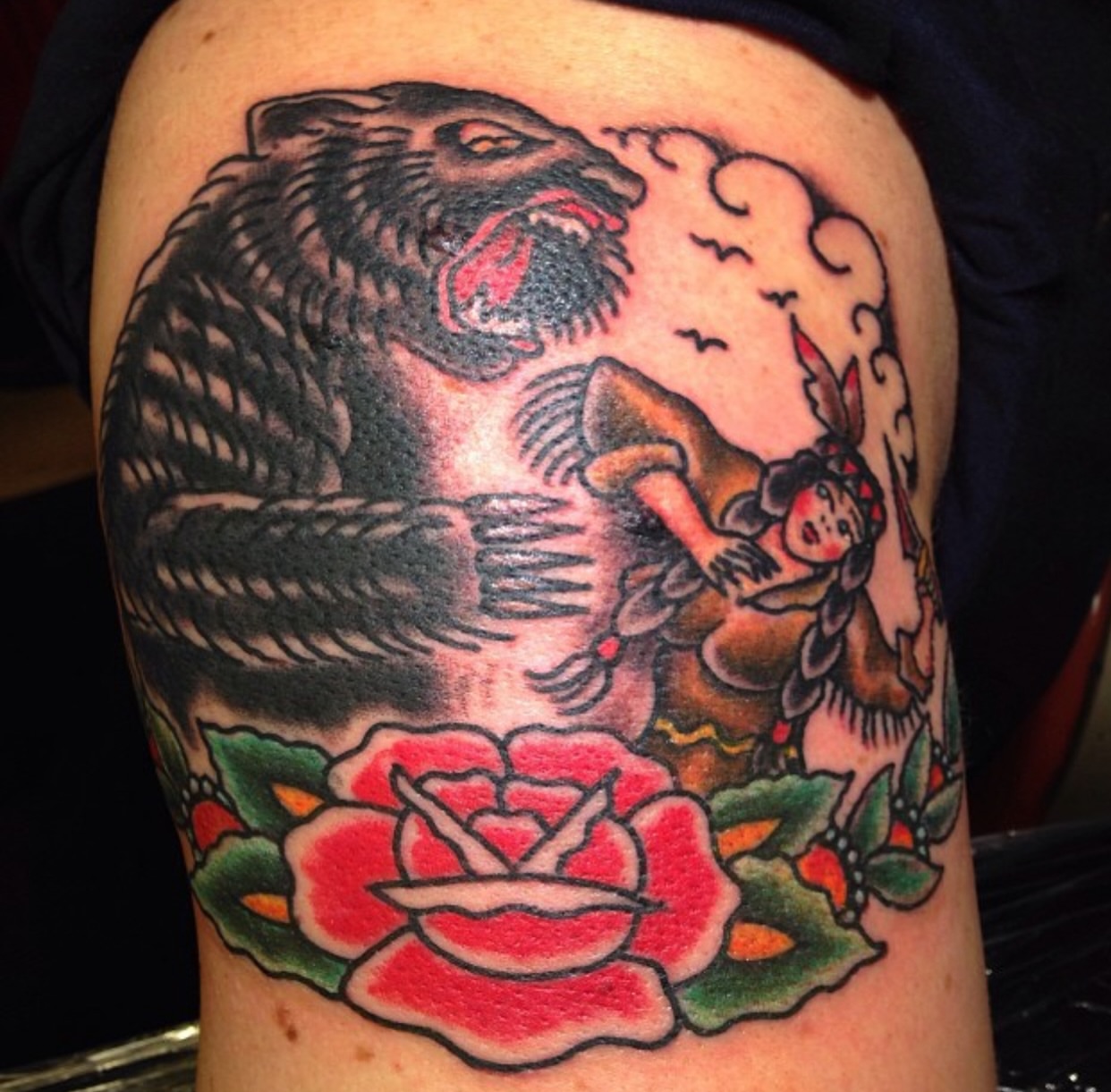 Tiger and fairy American traditional tattoo on the shoulder by 🗿🌴TᗩᕼITI GIᒪ✨🏰
