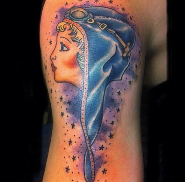 Aviator woman American traditional tattoo on the forearm by 🗿🌴TᗩᕼITI GIᒪ✨🏰