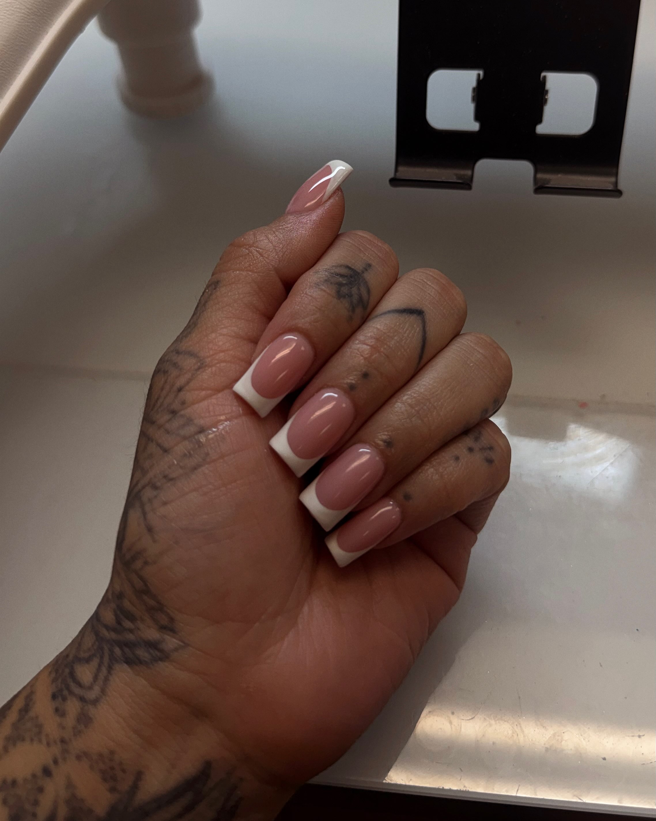 Nail art black and grey tattoo on the hand by Jennifer Garcia R - Vegas tattoo artist