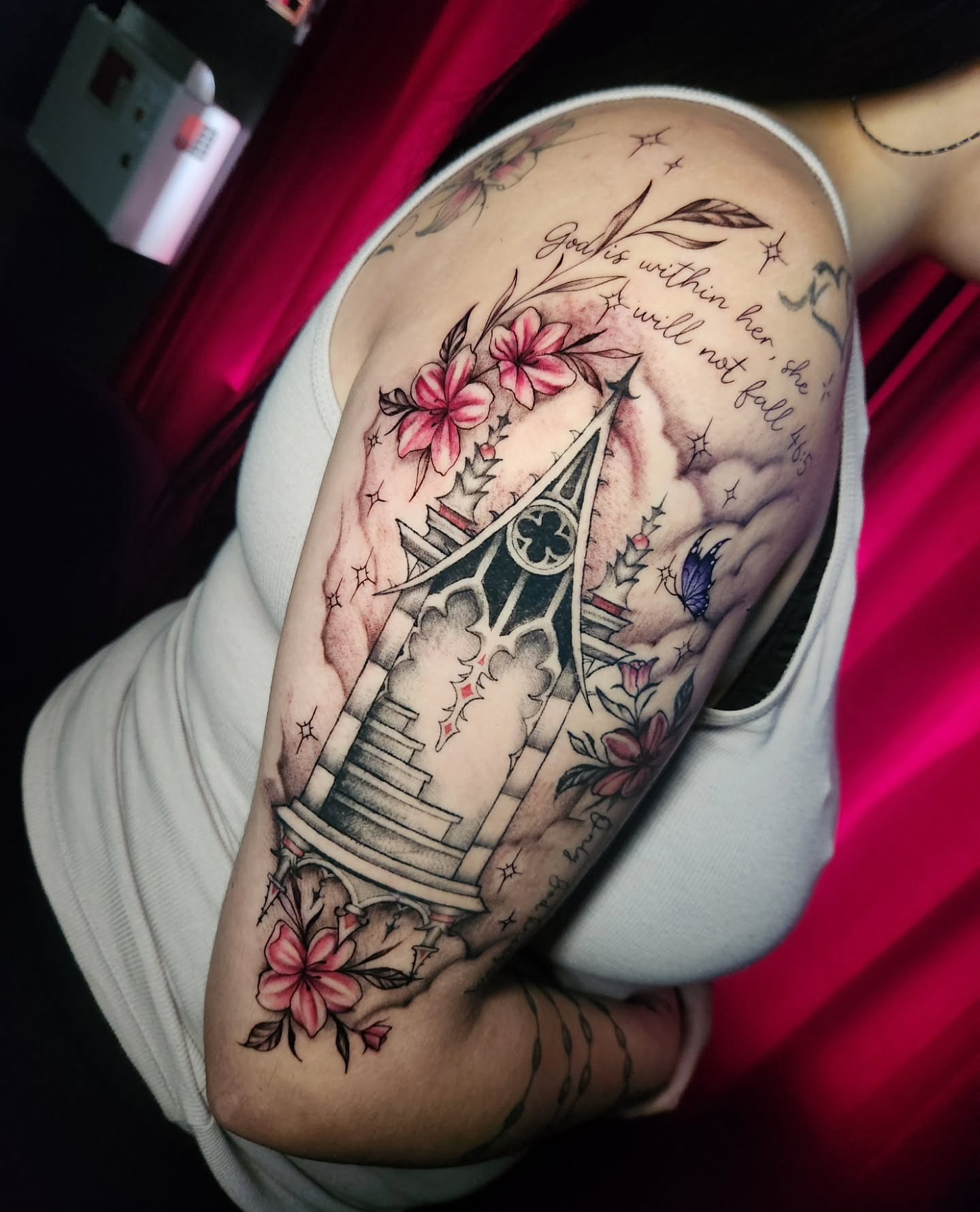 Tower and flowers neo-traditional tattoo on the shoulder by Abby Renteria