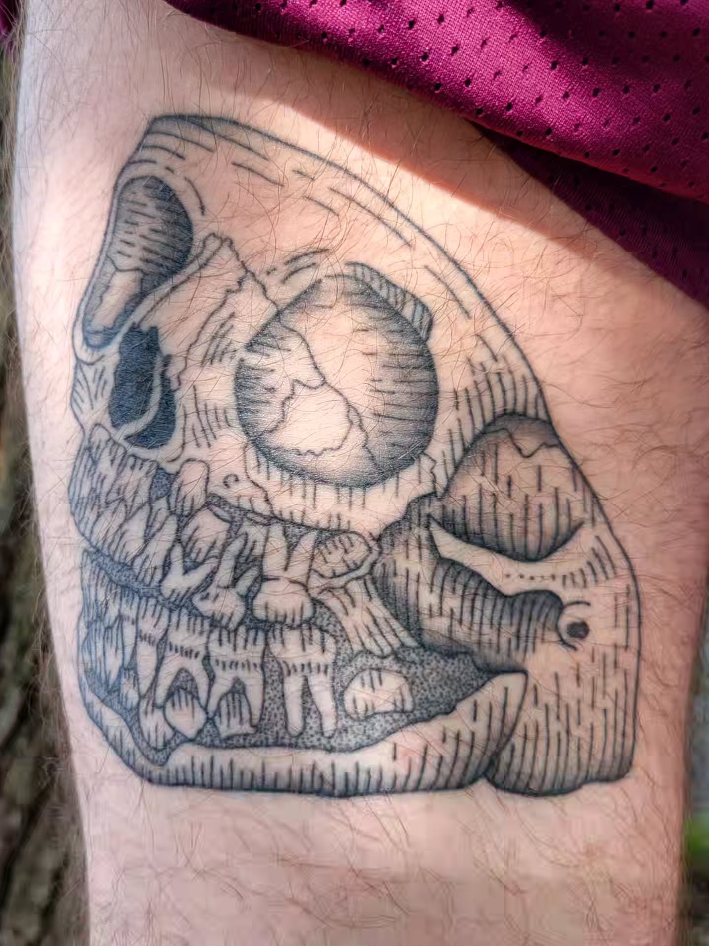 Skull black and grey tattoo on the thigh by Cat Wong意藝