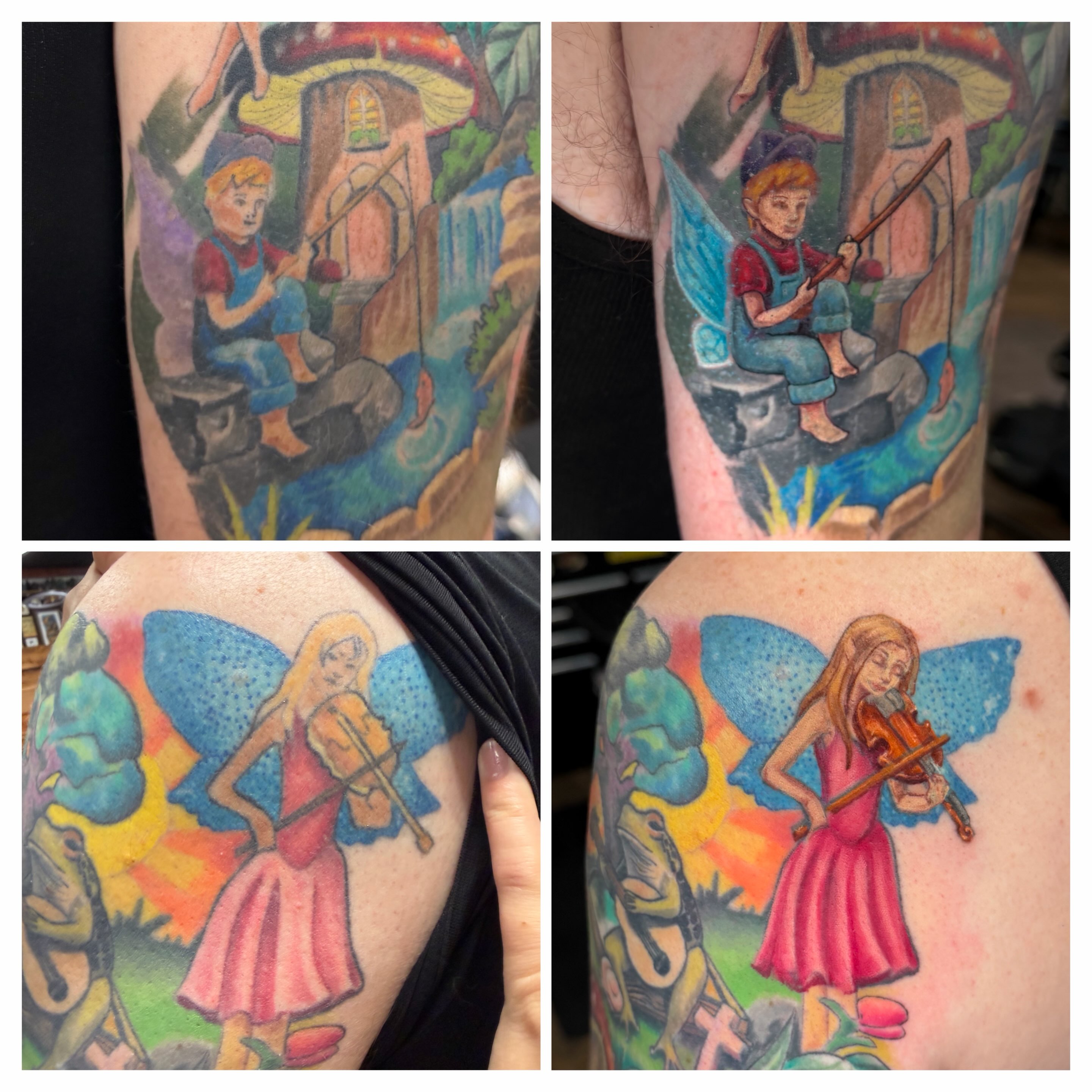 Fairy playing violin dotwork tattoo on the upper arm by Trista Bettfreund (Birdy)