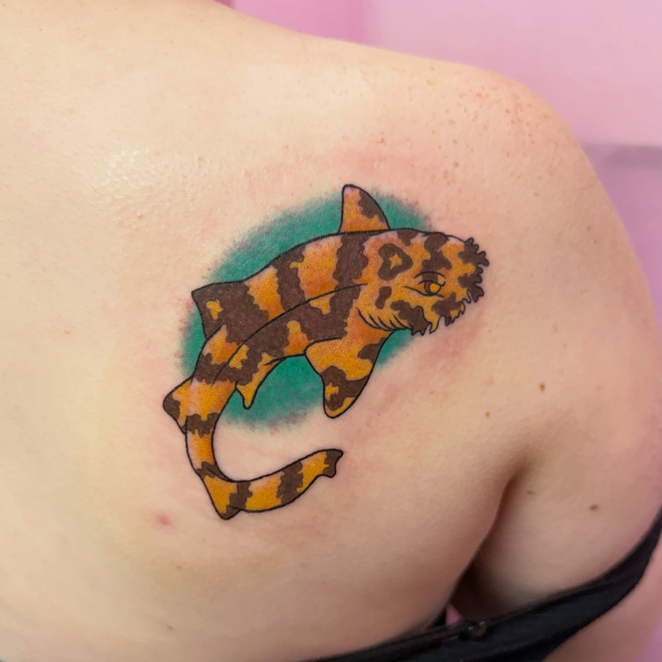 Tiger shark new school tattoo on the shoulder by McKenna Chalifoux