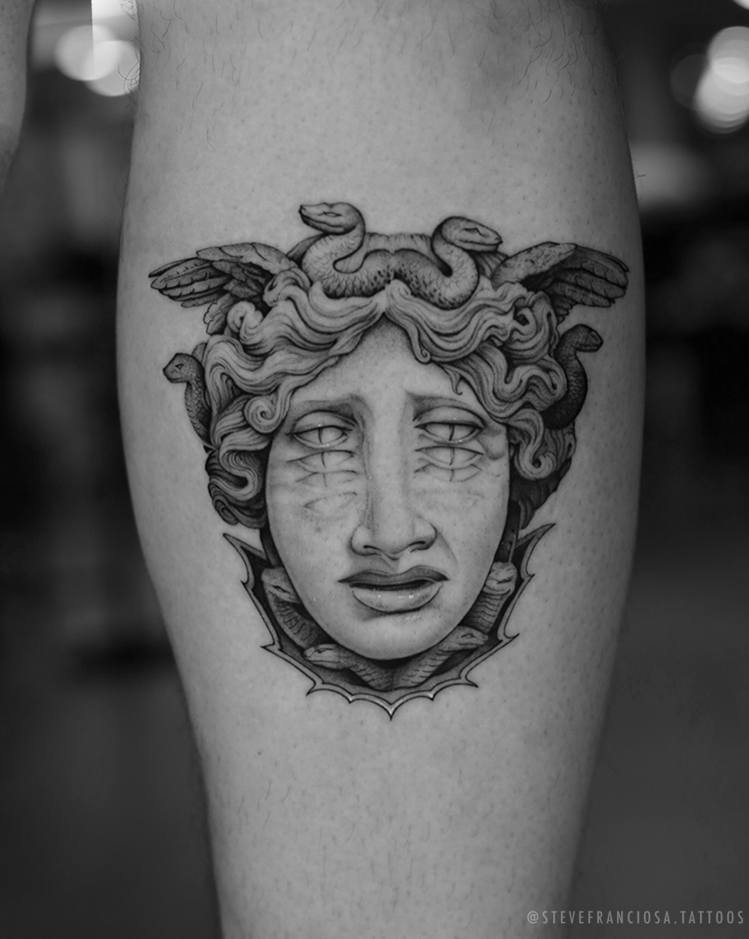 Medusa head realism tattoo on the forearm by Steve Franciosa
