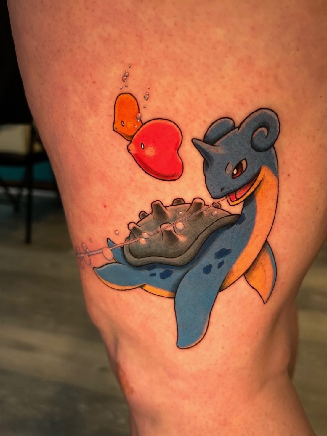 Squirtle new school tattoo on the thigh by Tattoos by Fesik LLC