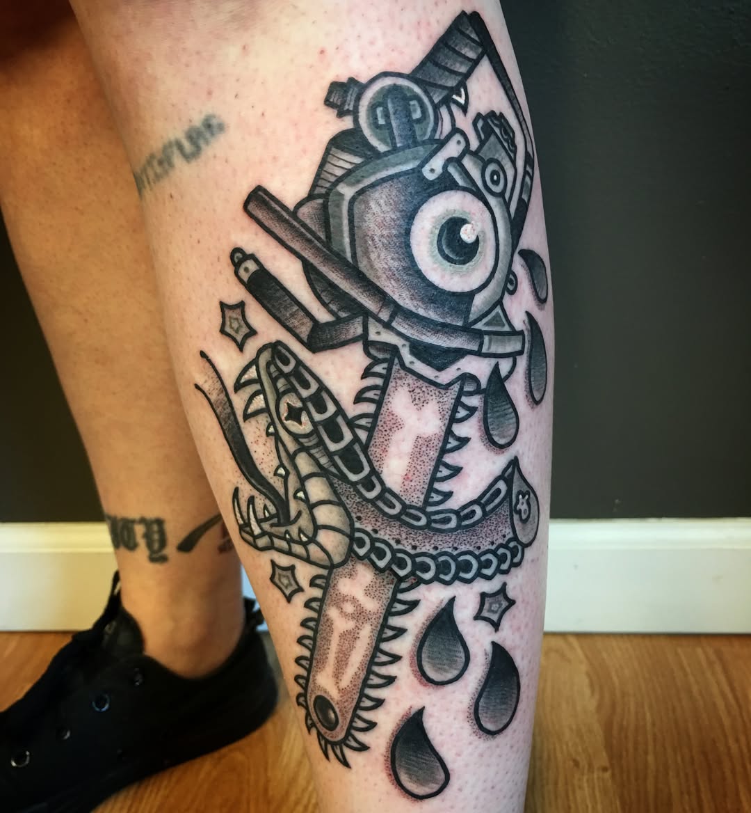Mechanical dragon geometric tattoo on the calf by Destroy Troy