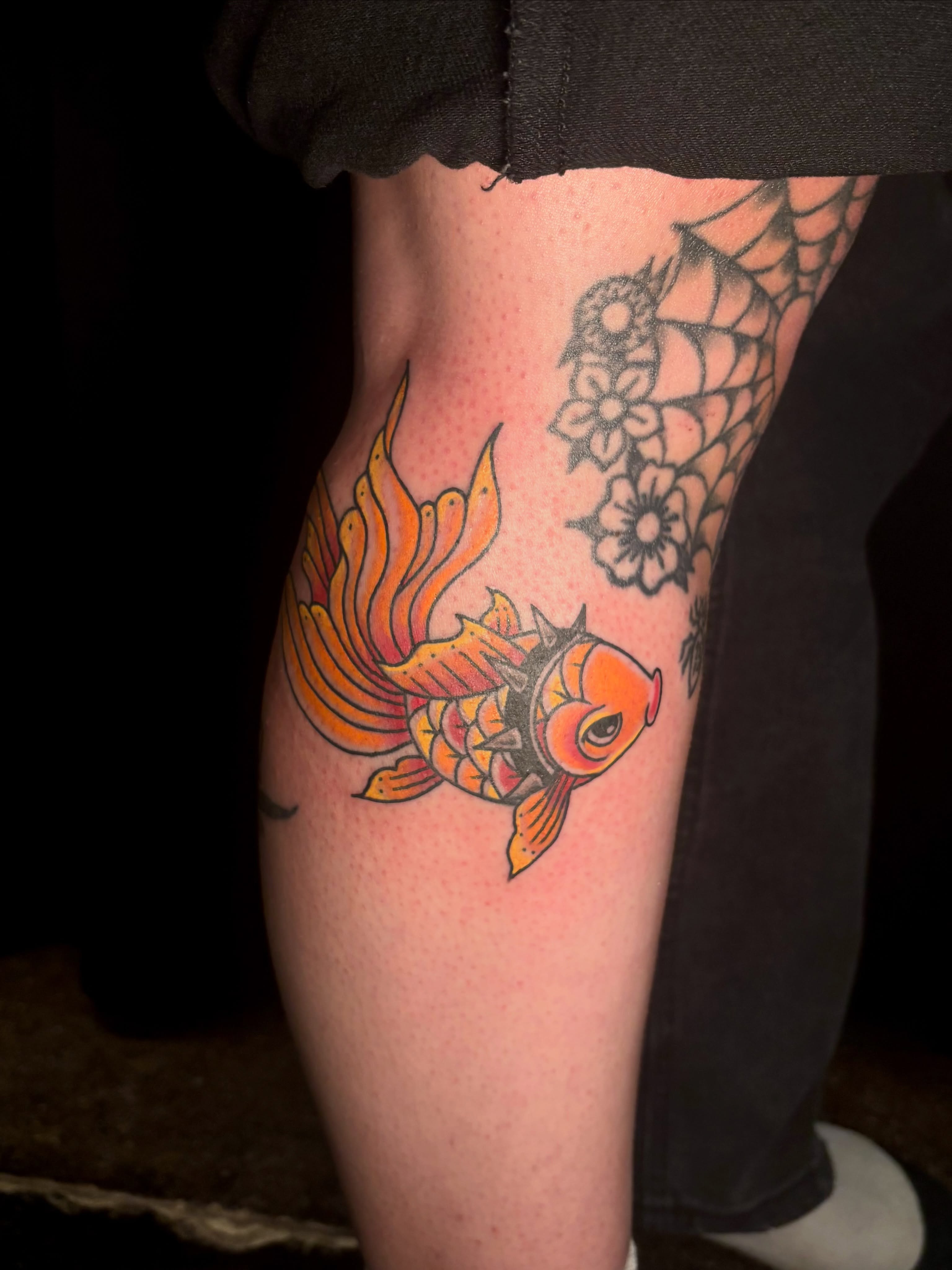 Goldfish dotwork tattoo on the thigh by 🔥Zoë Zahasky Tattoos🔥
