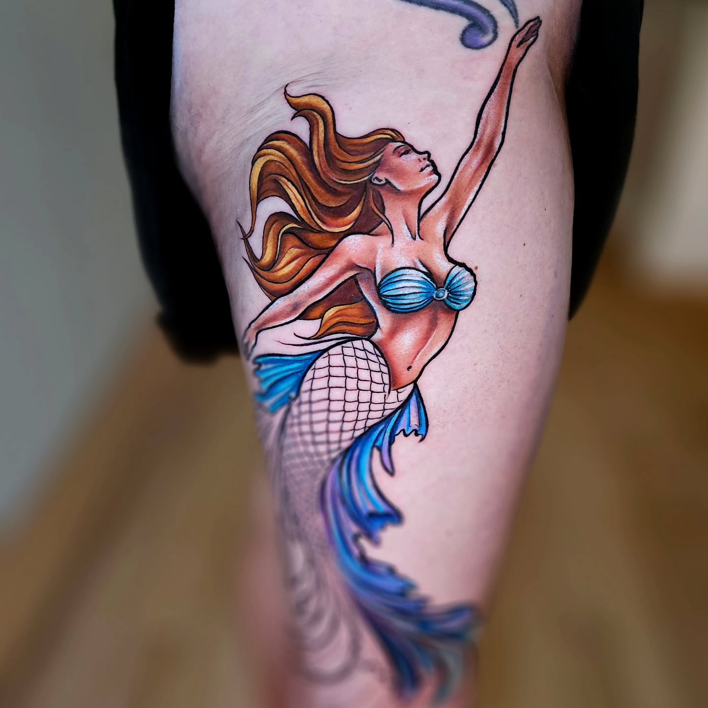 Mermaid new school tattoo on the thigh by Justin J-rust Smith