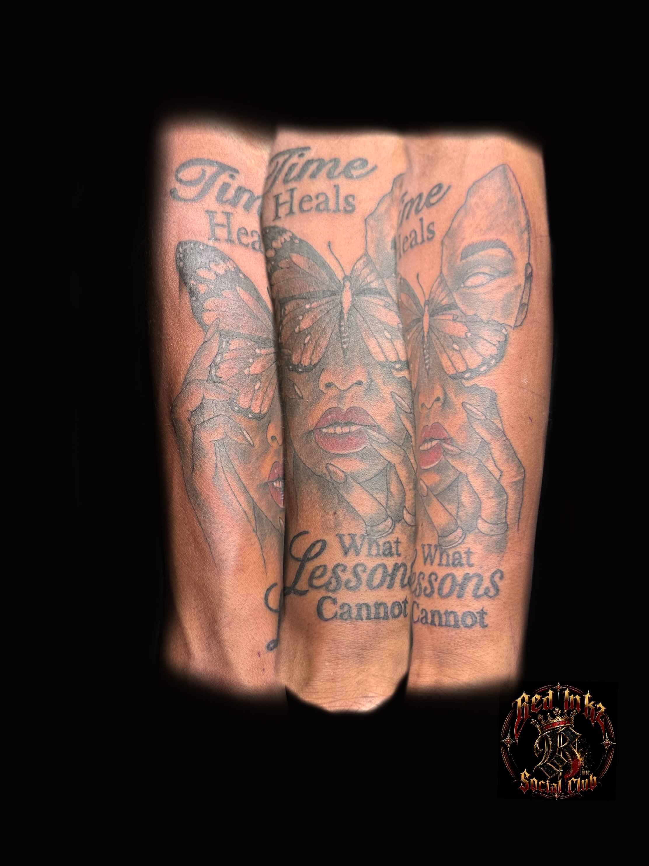 Time heals lessons cannot realism tattoo on the forearm by Red (Owner), Brooklyn, New York