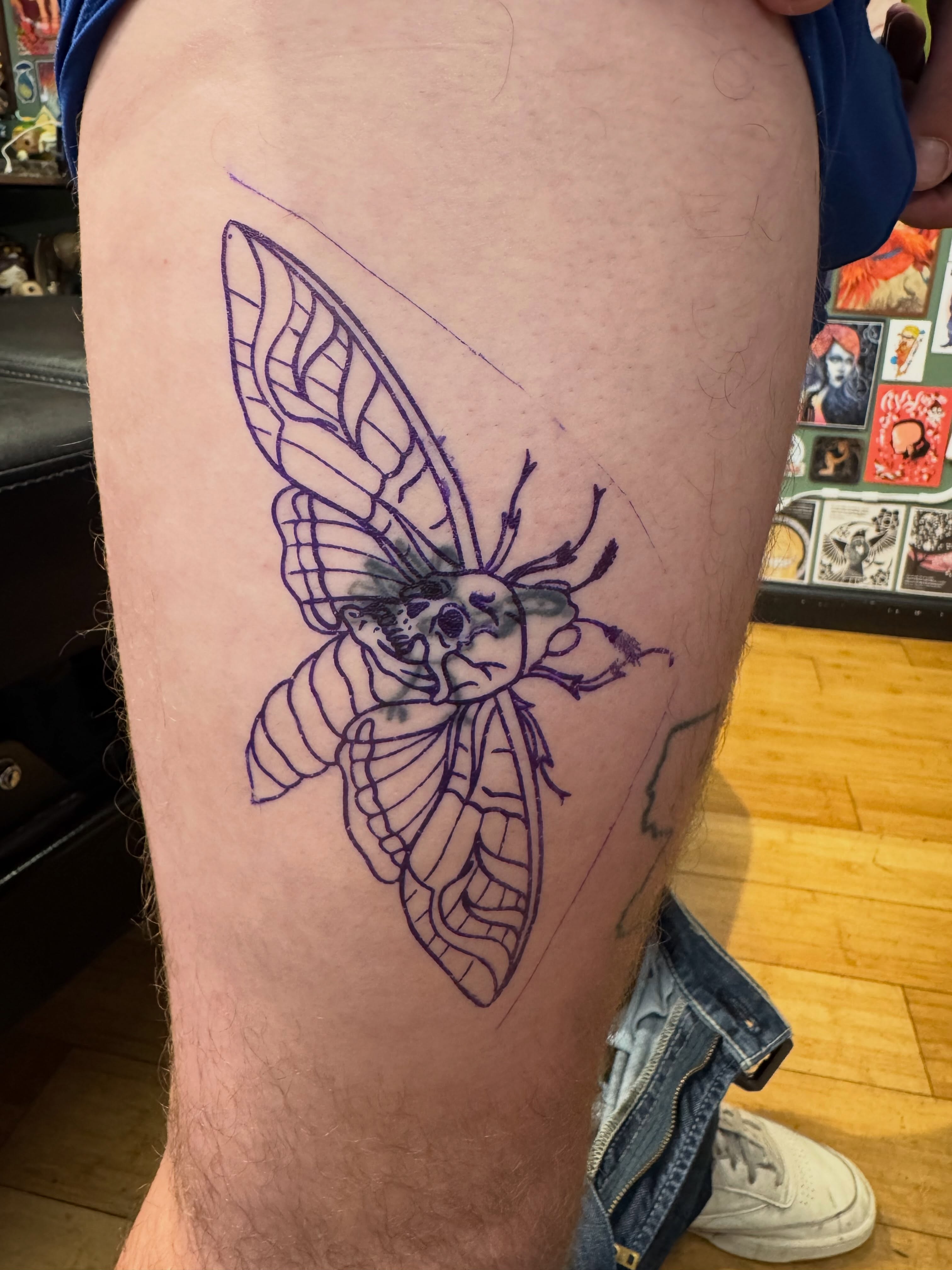 Moth with skull dark realism tattoo on the thigh by Joe Khay, Hackettstown, New Jersey