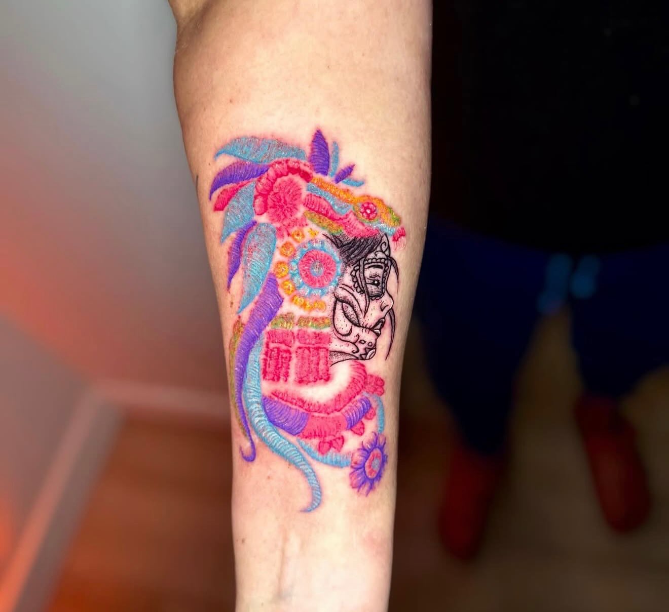 Mask with dragon new school tattoo on the forearm by Kelsoink