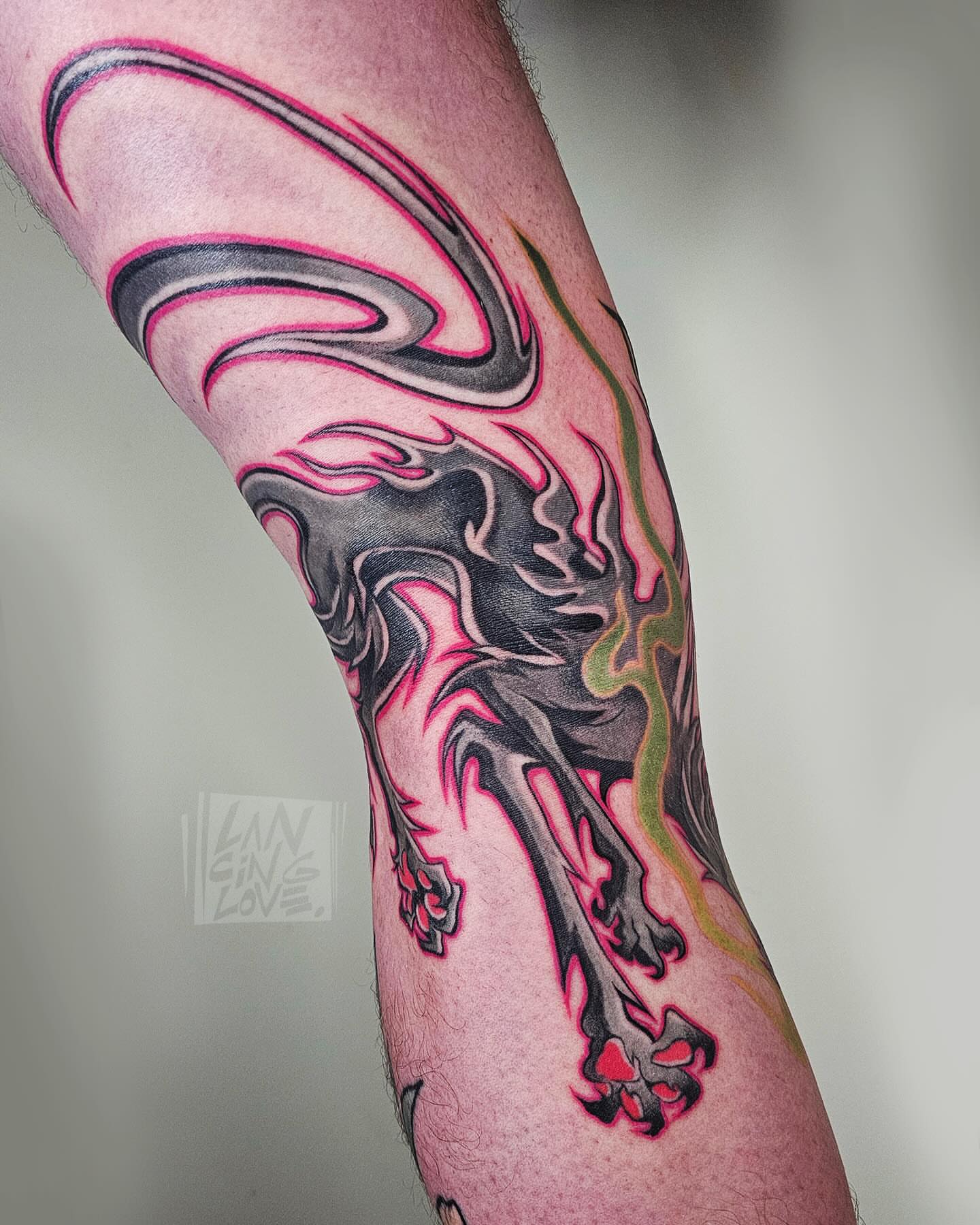 Abstract flame new school tattoo on the forearm by Lancinglove