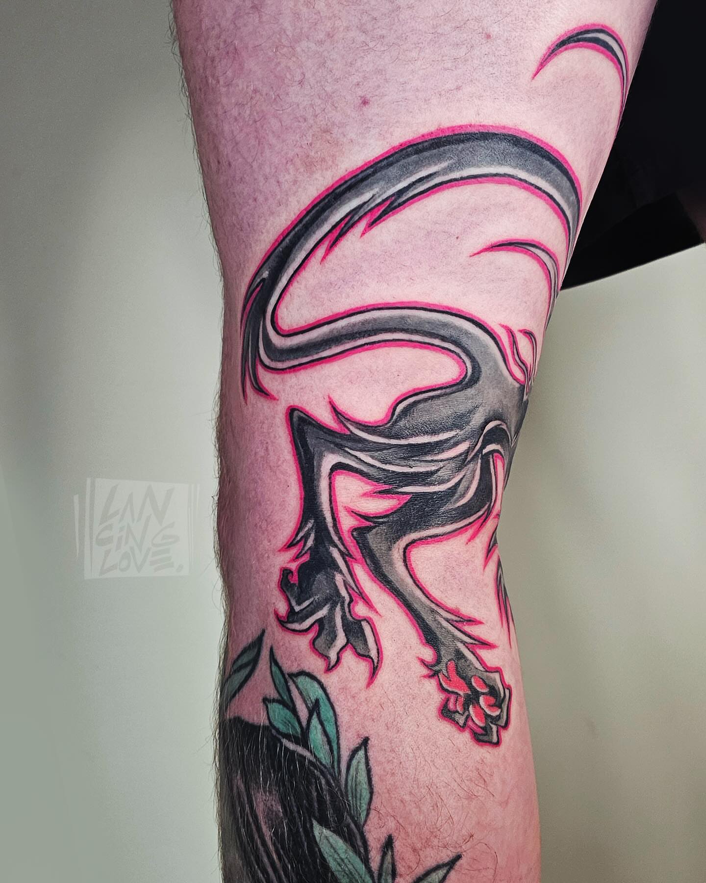 Abstract dragon new school tattoo on the forearm by Lancinglove