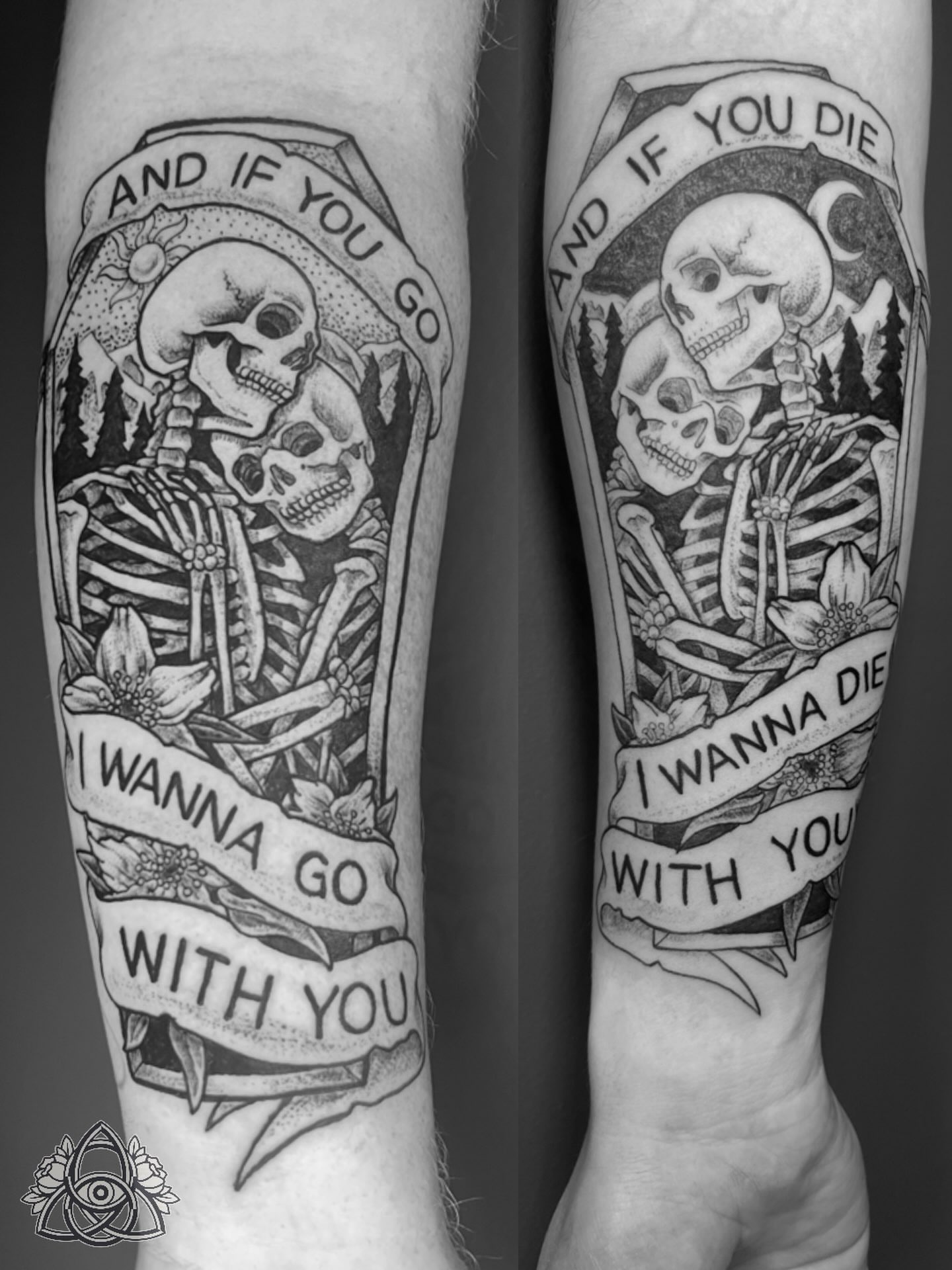 Skeleton couple realism tattoo on the forearm by Michael - Tattoo Garden Everett, Everett, Washington