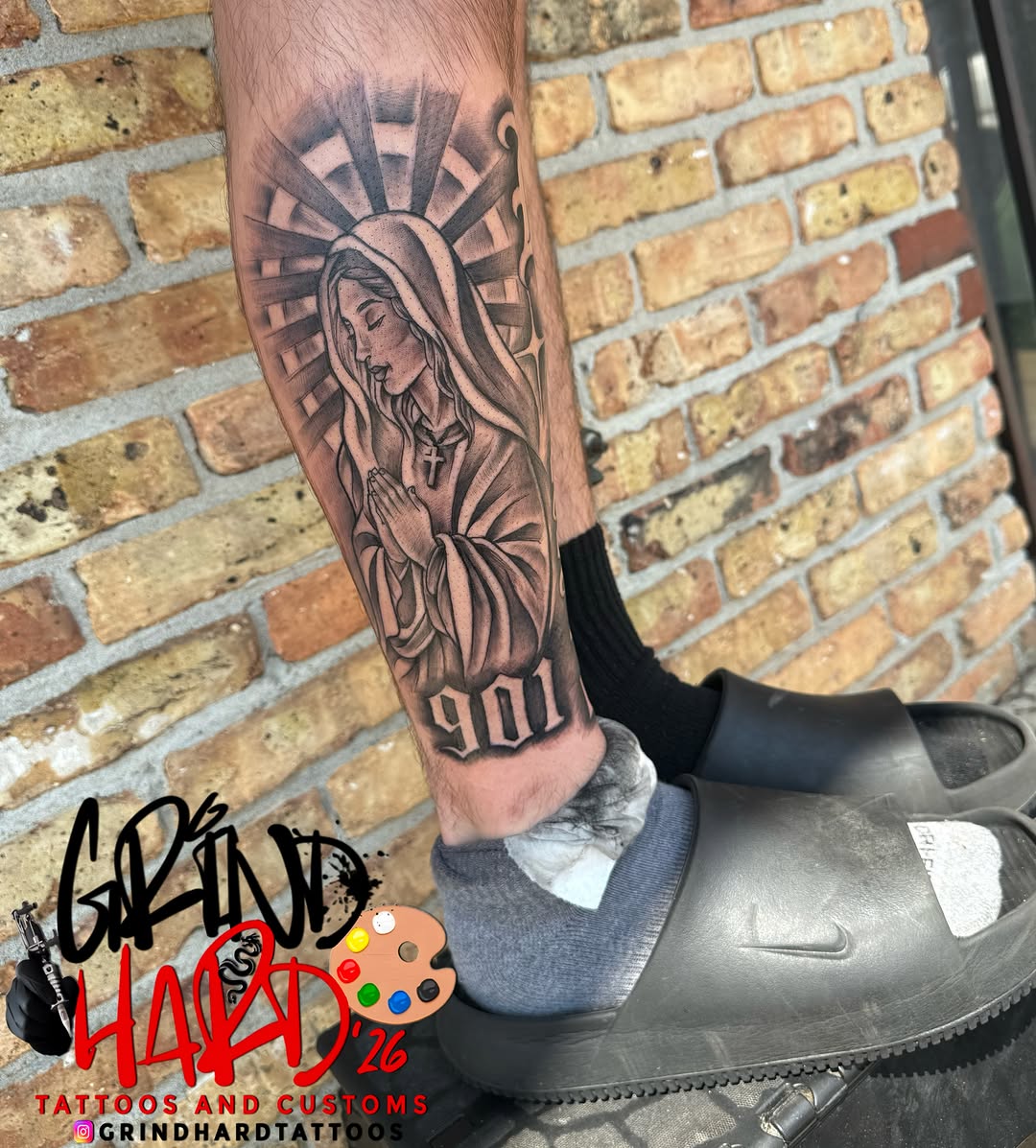 Religious figure praying realism tattoo on the forearm by GrindHard Quen