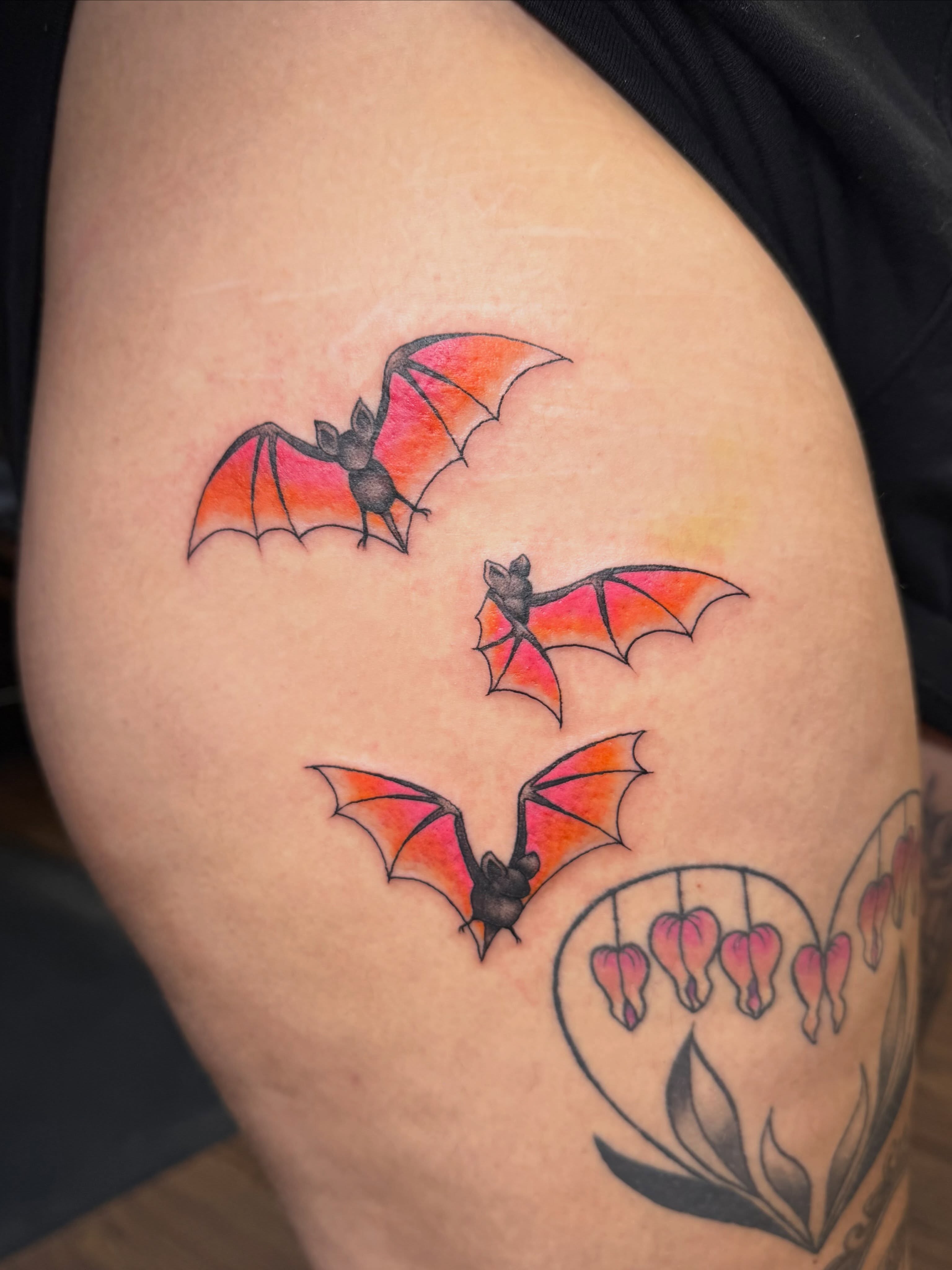 Bats new school tattoo on the thigh by Bri ⚡️✨