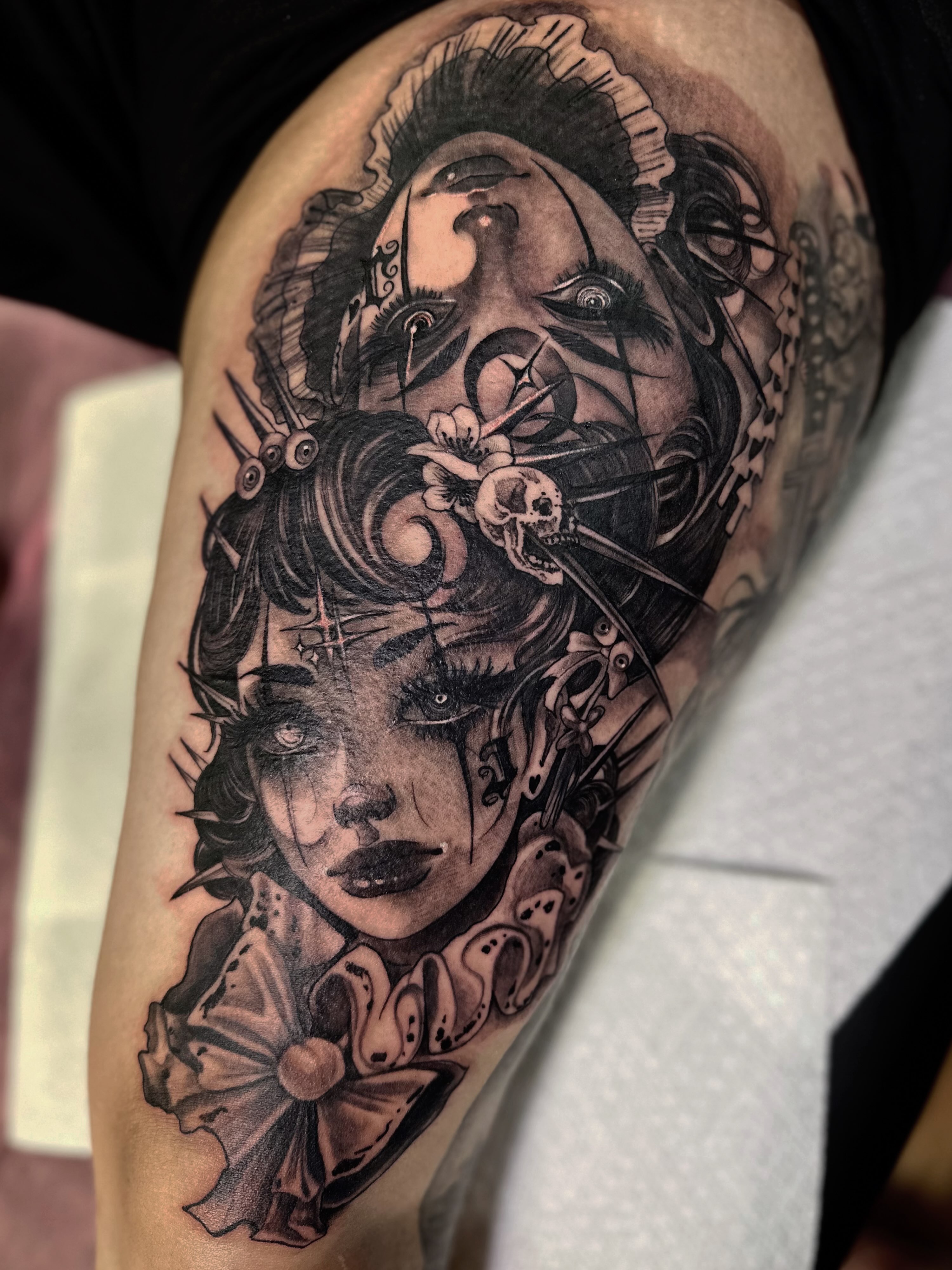 Woman's face realism tattoo on the thigh by Mathilda Quynh