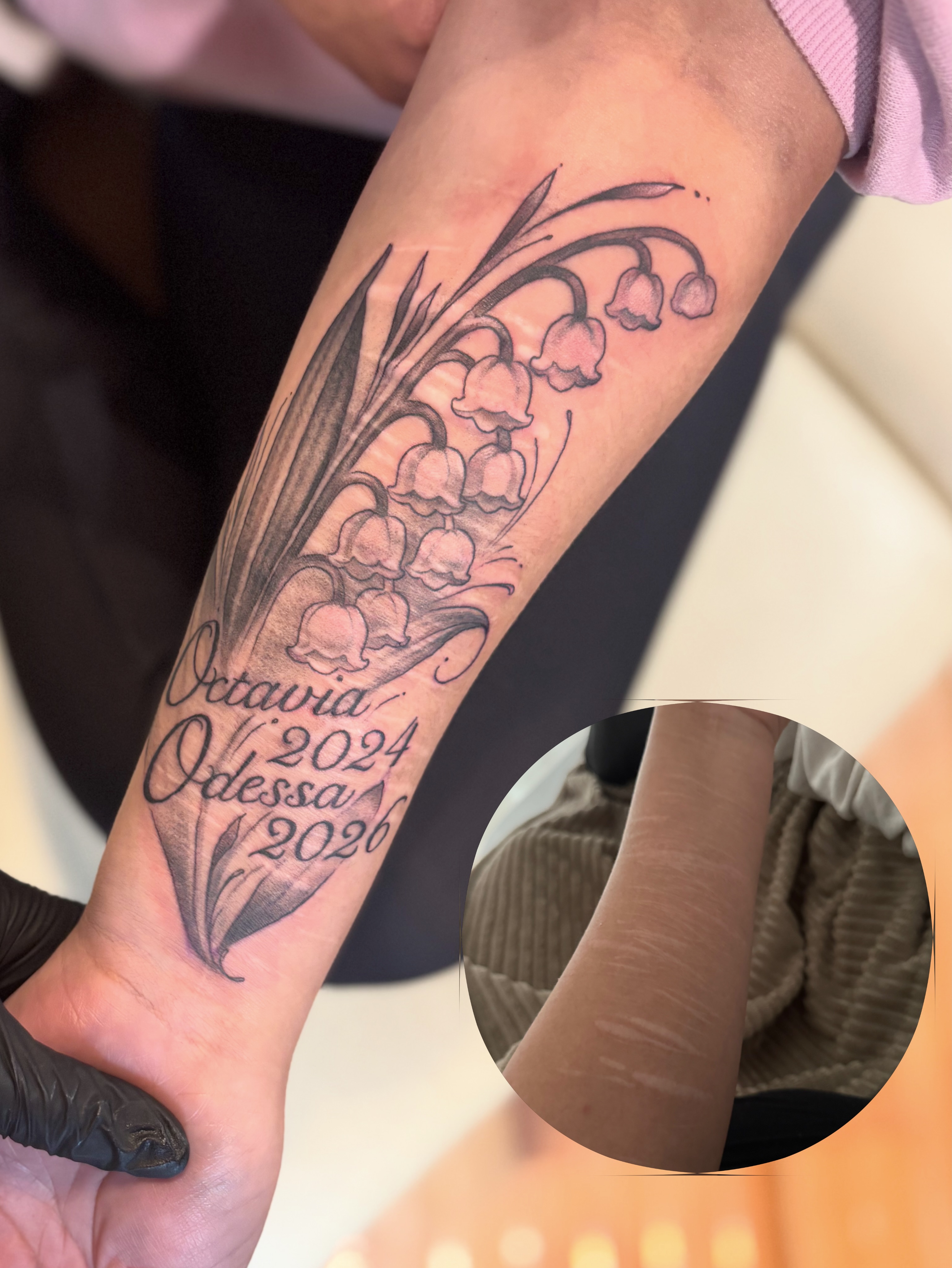 Lily of the valley black and grey tattoo on the forearm by Komfort Kristy