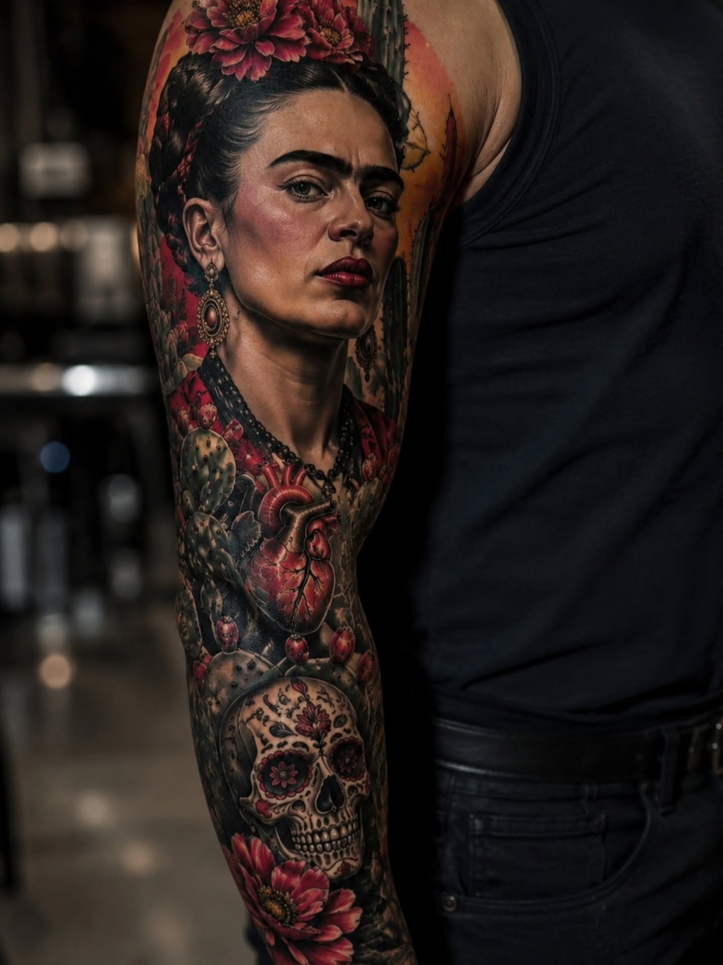 Frida Kahlo portrait realism tattoo on the upper arm by Dr. Valerio Vegas Tattoo
