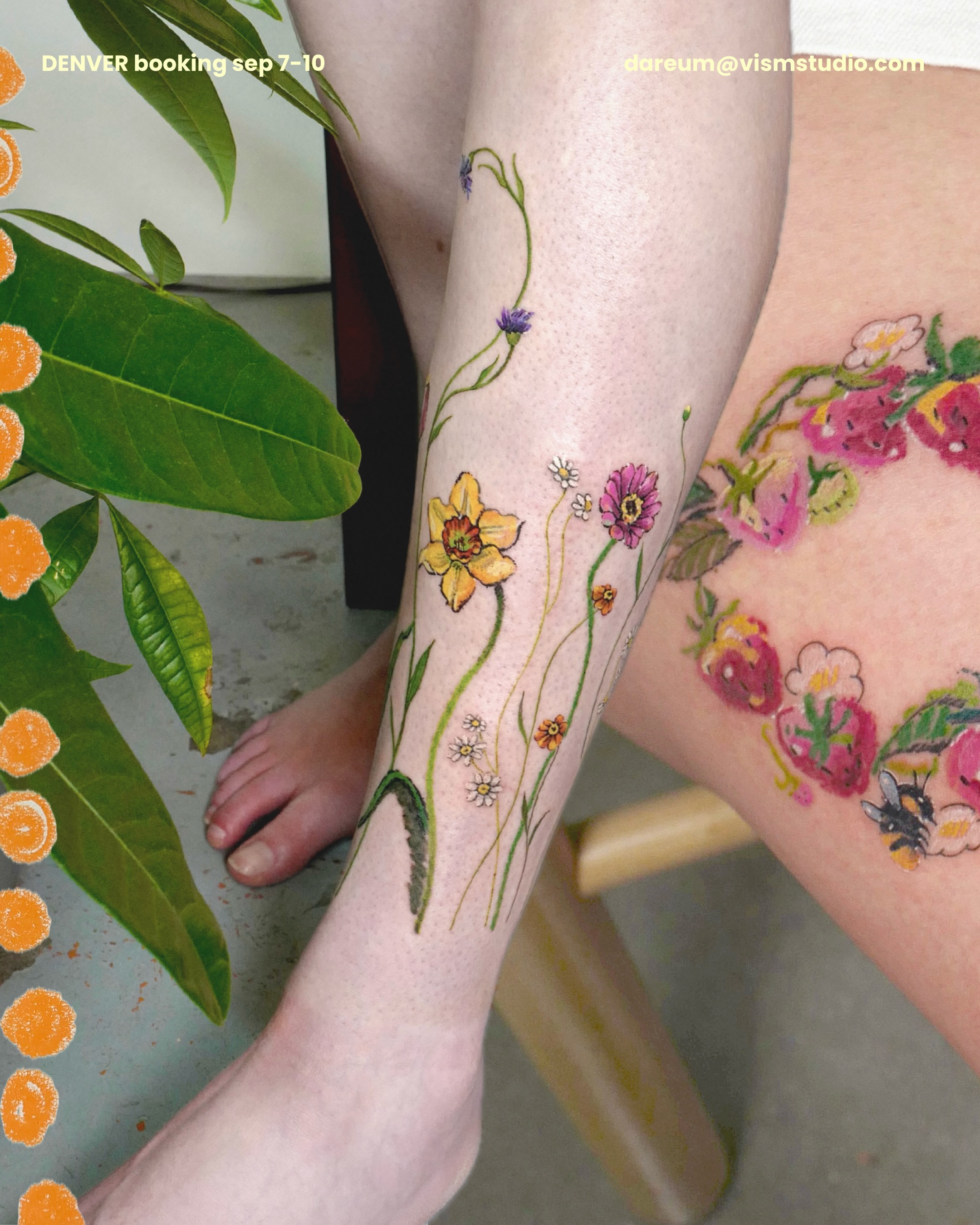 Floral arrangement watercolor tattoo on the leg by dahye lee