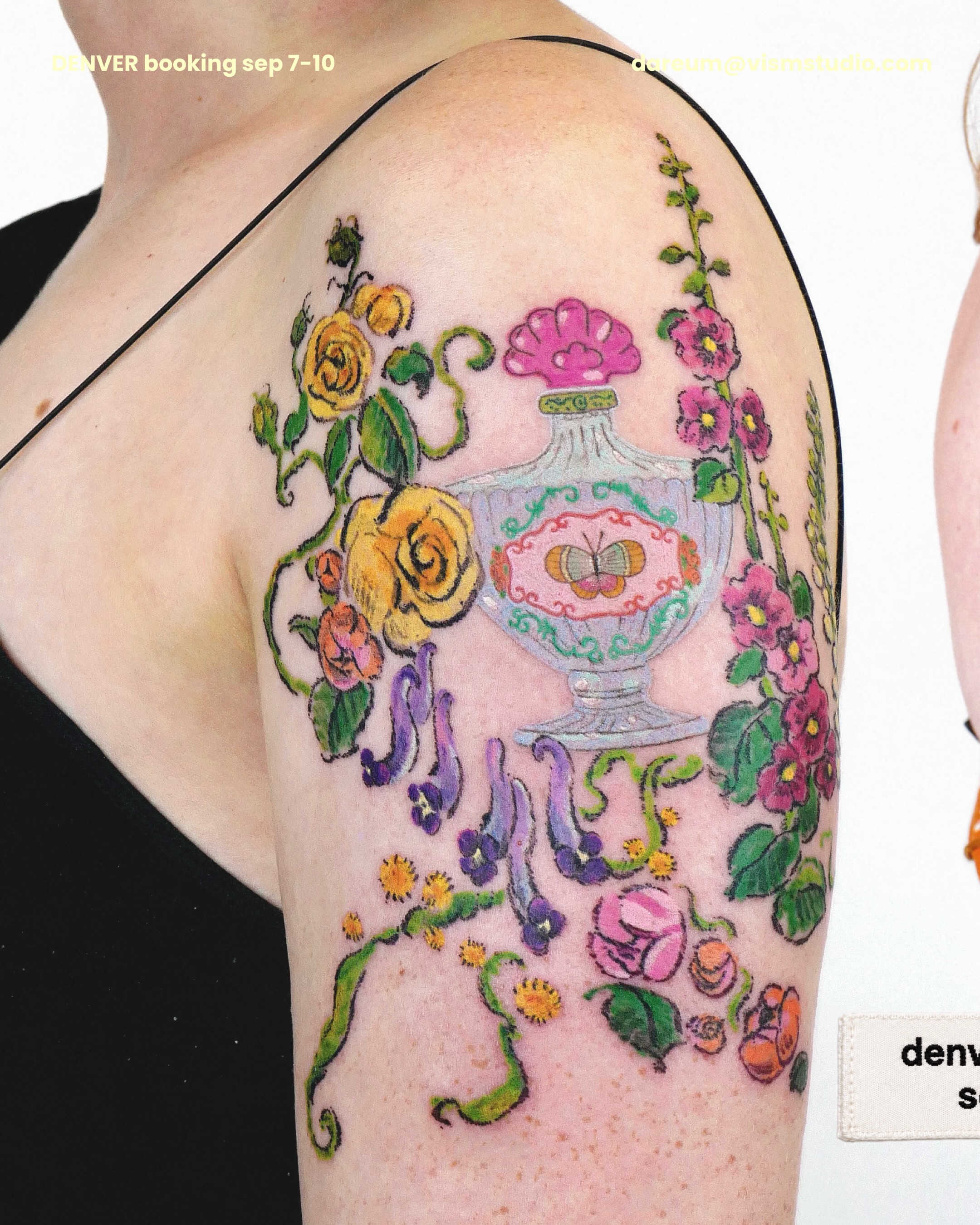 Floral arrangement new school tattoo on the shoulder by dahye lee