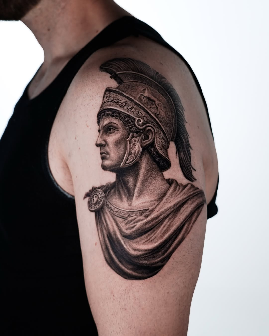 Roman soldier realism tattoo on the shoulder by Enrique Martinez