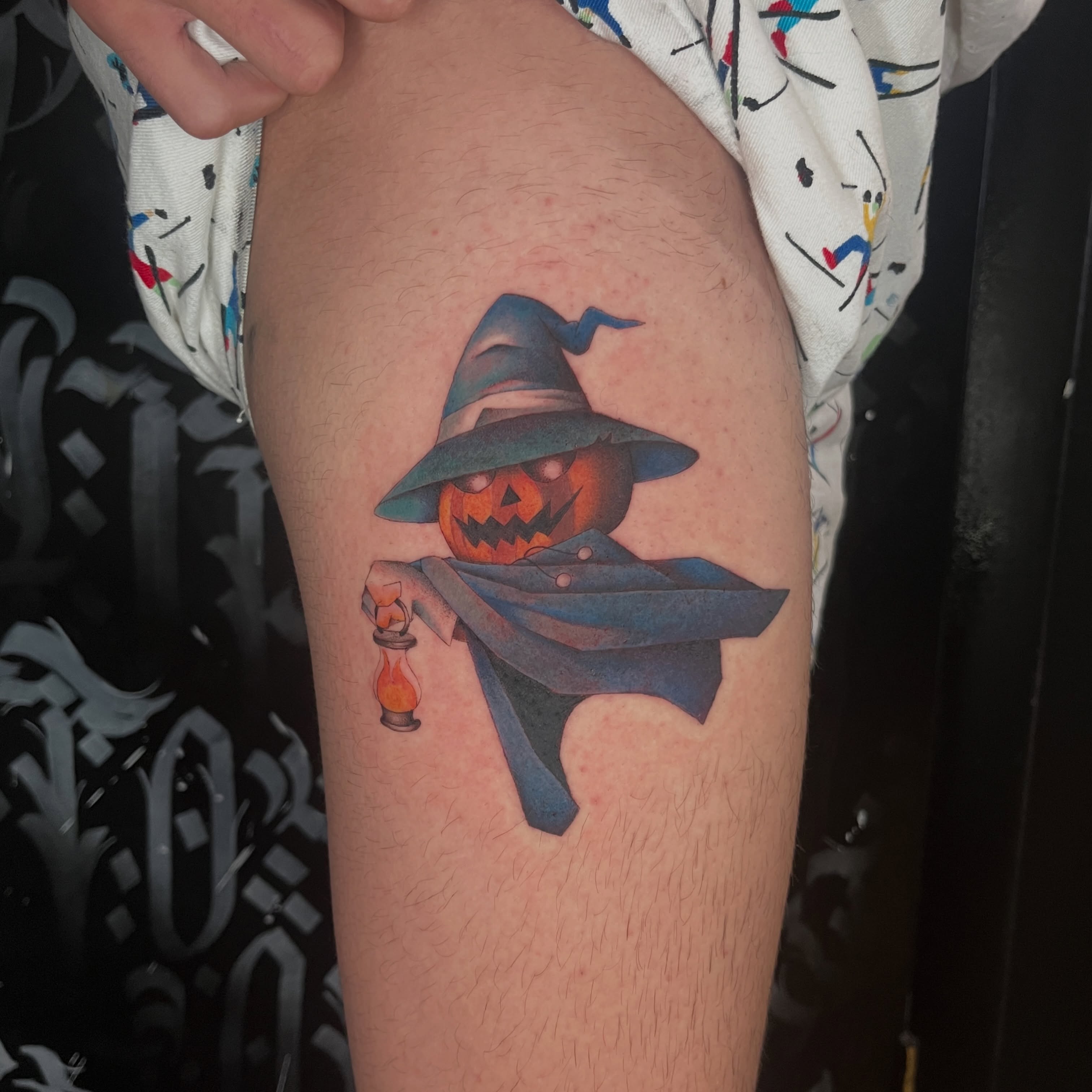 Pumpkin scarecrow realism tattoo on the thigh by soph ଘ(੭ˊᵕˋ)੭
