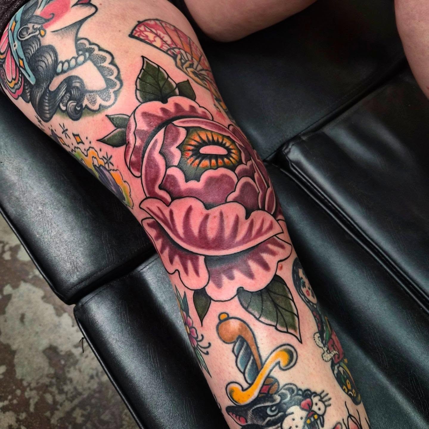 Peony flower American traditional tattoo on the forearm by Taylor Popkins