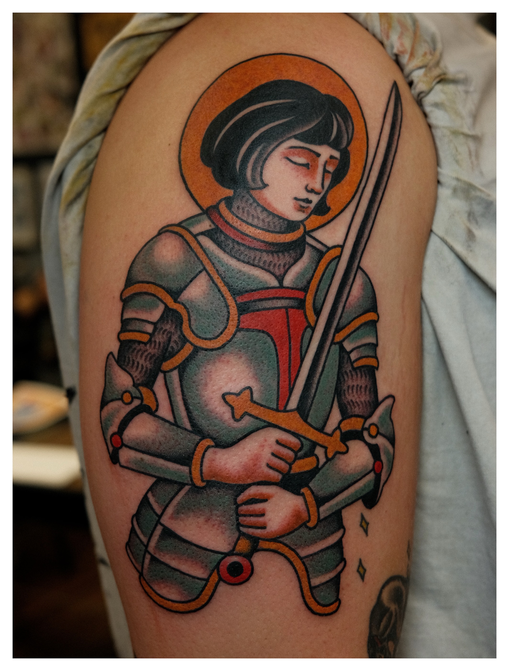 Knight American traditional tattoo on the shoulder by Tony Talbert, Fredericksburg, Virginia