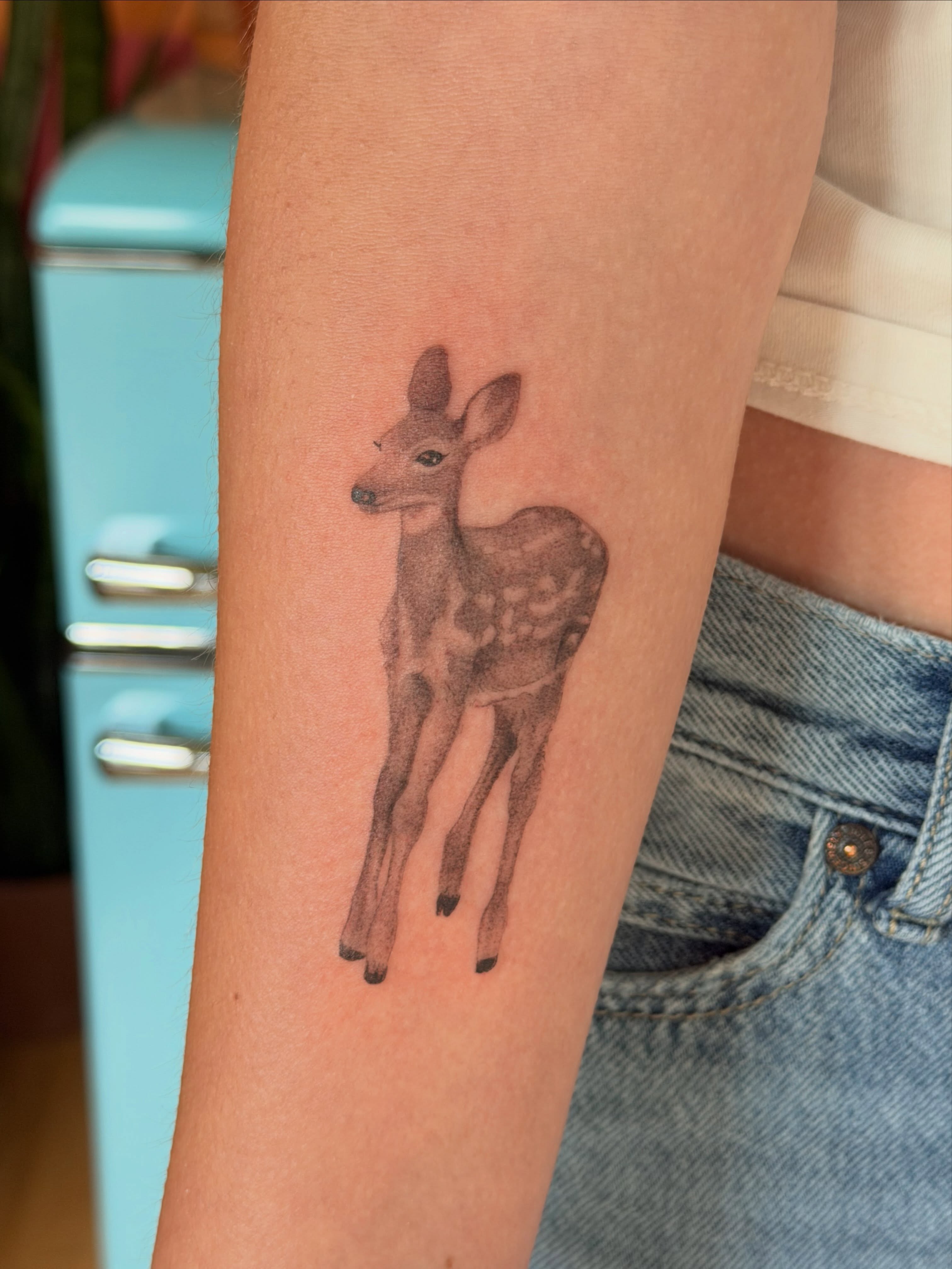Deer black and grey tattoo on the forearm by 🌼DaisyDaiz🕸️