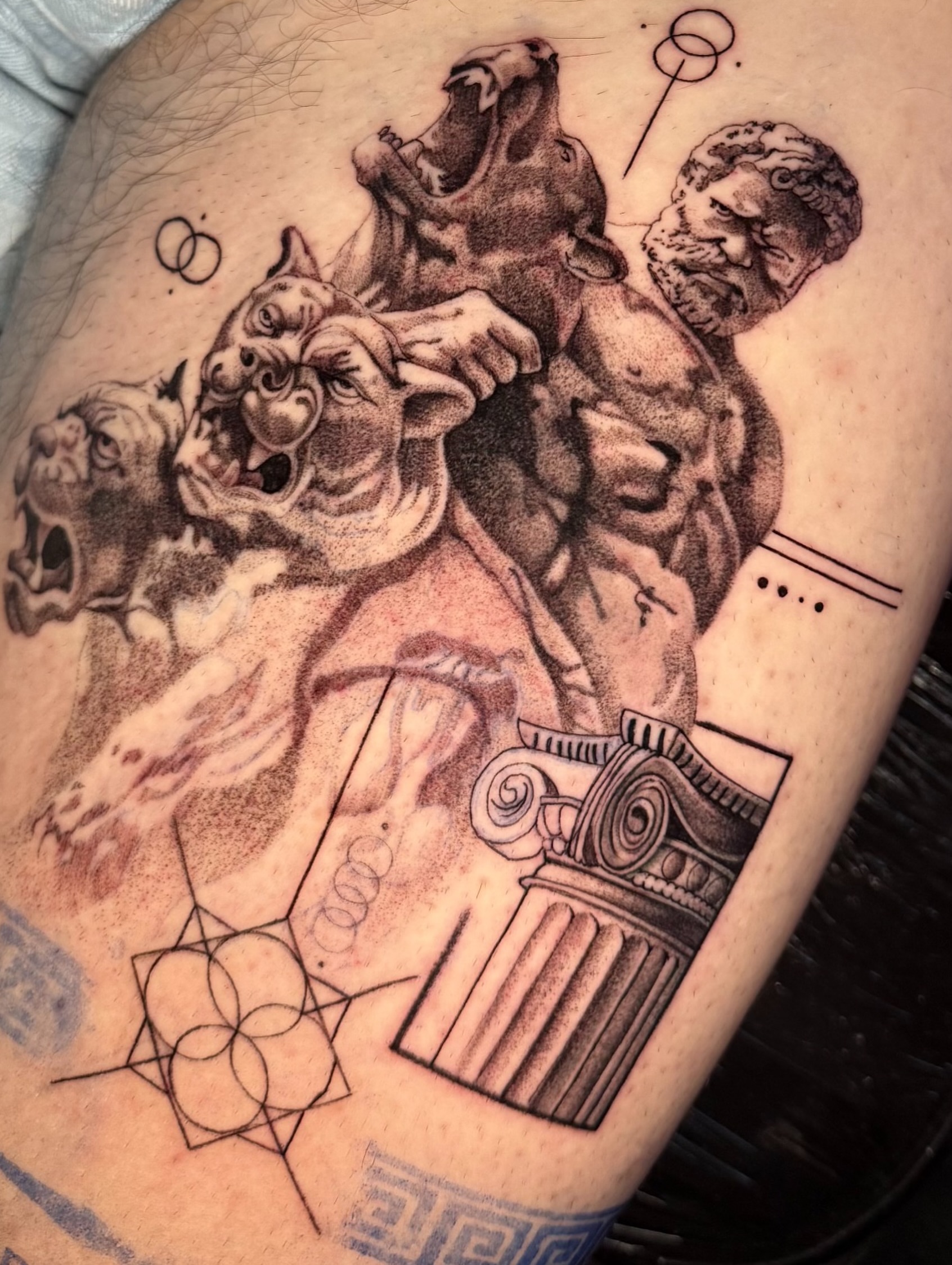 Hercules and centaur realism tattoo on the thigh by Tattoo Artist Vanessa