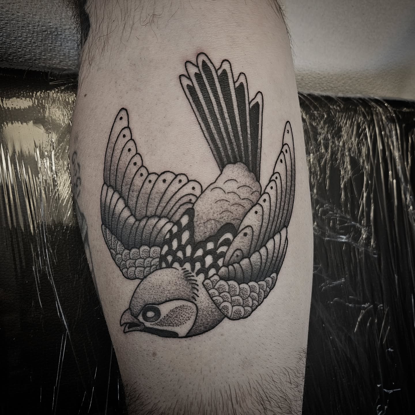 Bird dotwork tattoo on the forearm by Kirk George