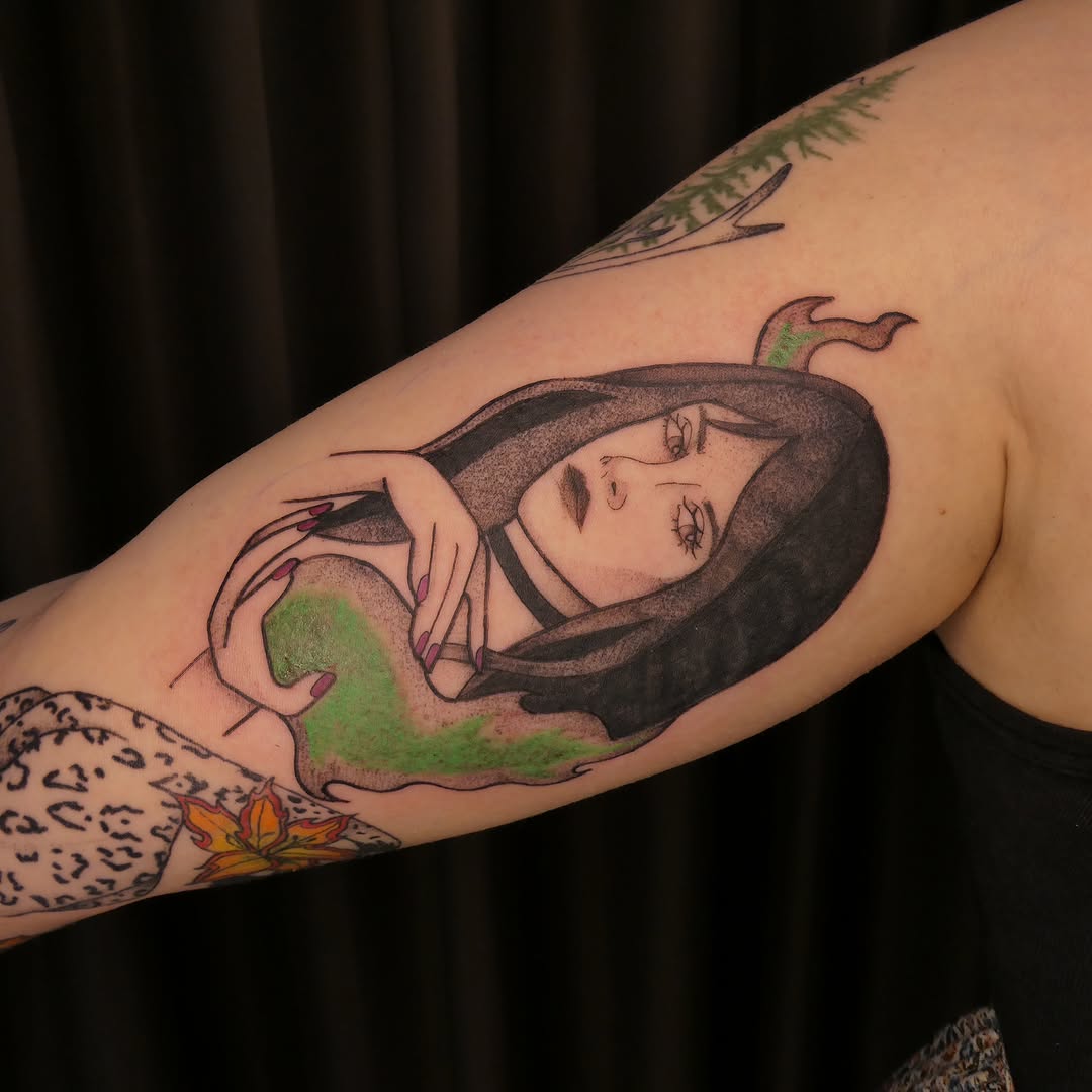Woman with plant dotwork tattoo on the upper arm by ✧˖°. Jordan