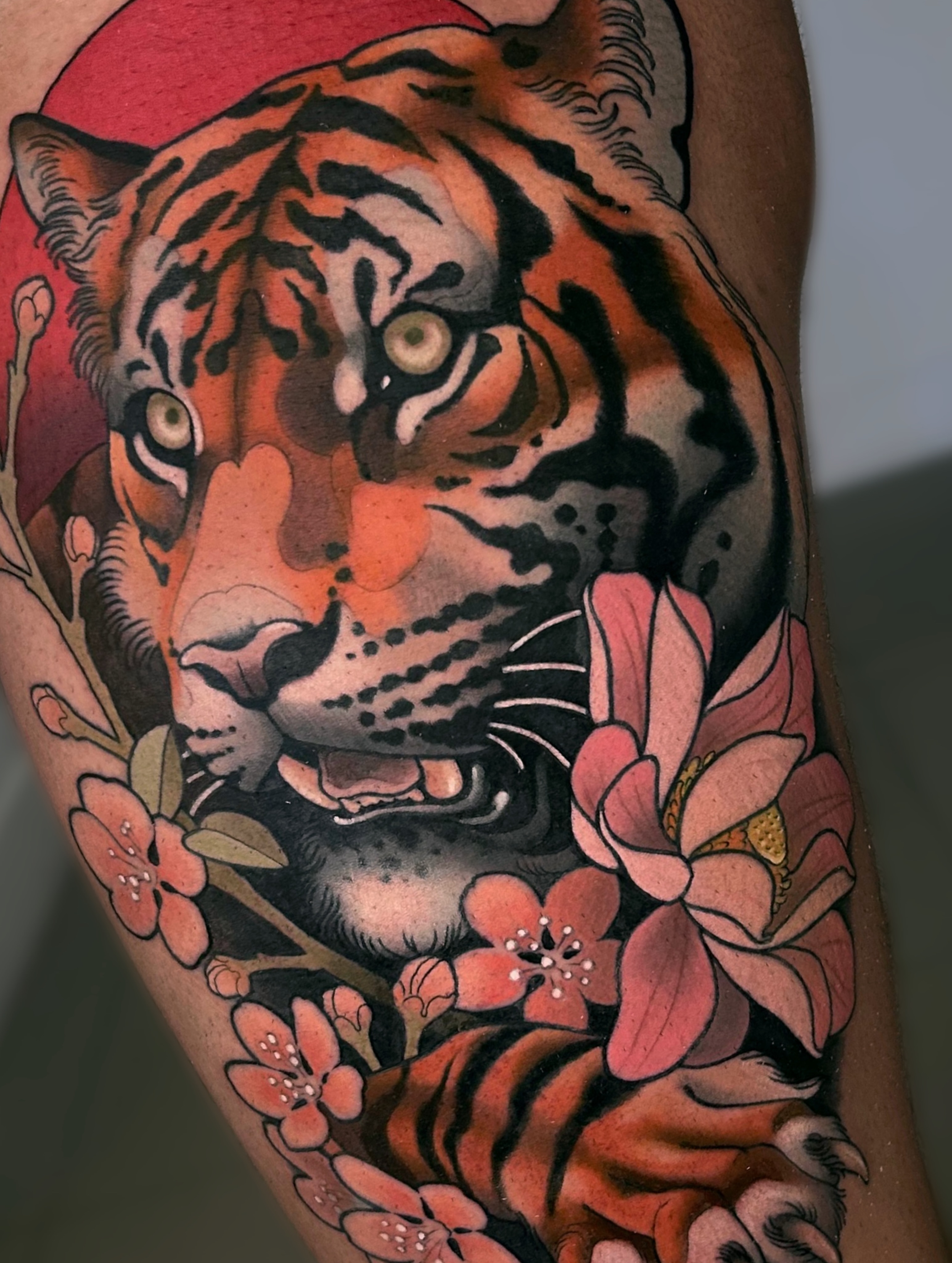Tiger and flowers japanese irezumi tattoo on the thigh by Levi Murphy