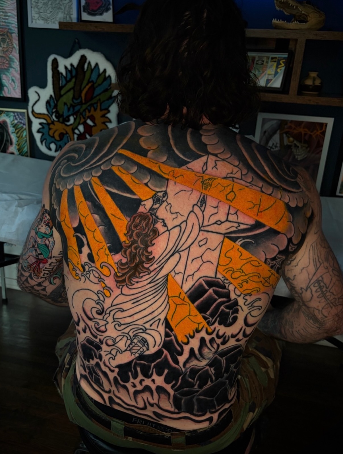 Religious figure American traditional tattoo on the back by Mickey Putillo, Charlotte, North Carolina