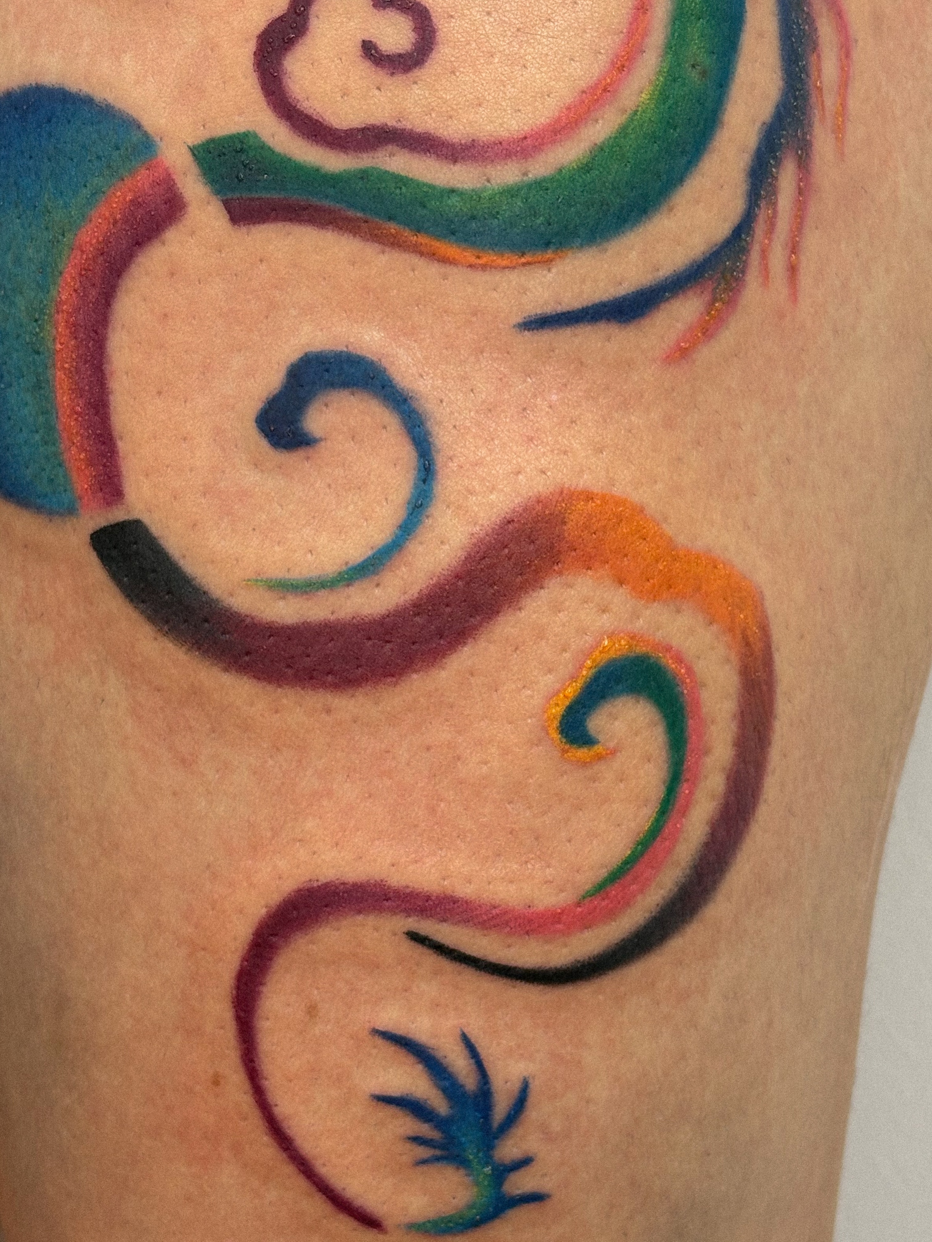 Swirls and feather new school tattoo on the forearm by júlia sanches ✦︎