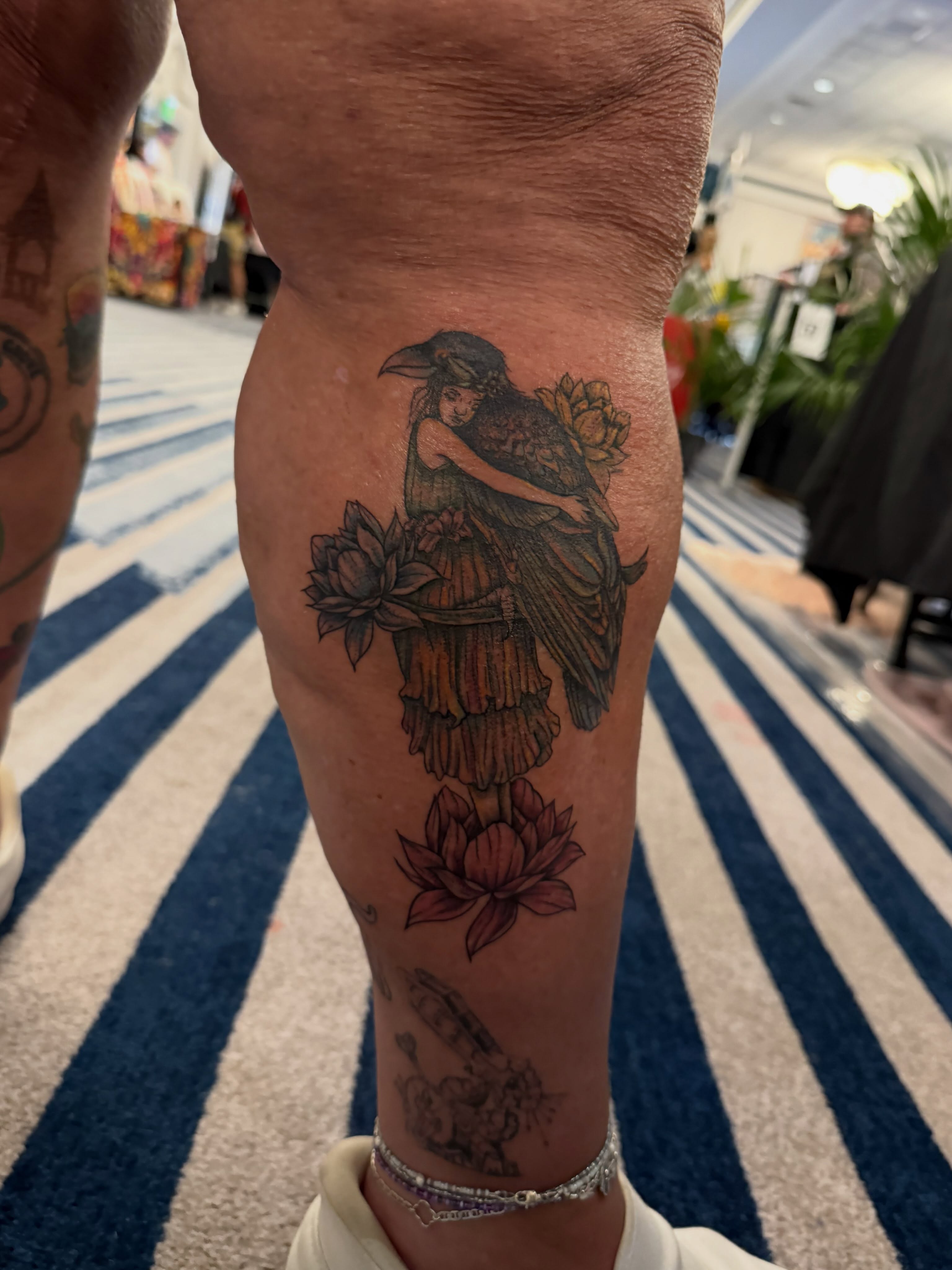 Raven and woman neo-traditional tattoo on the leg by Jennylee Aerts, Asbury Park, New Jersey