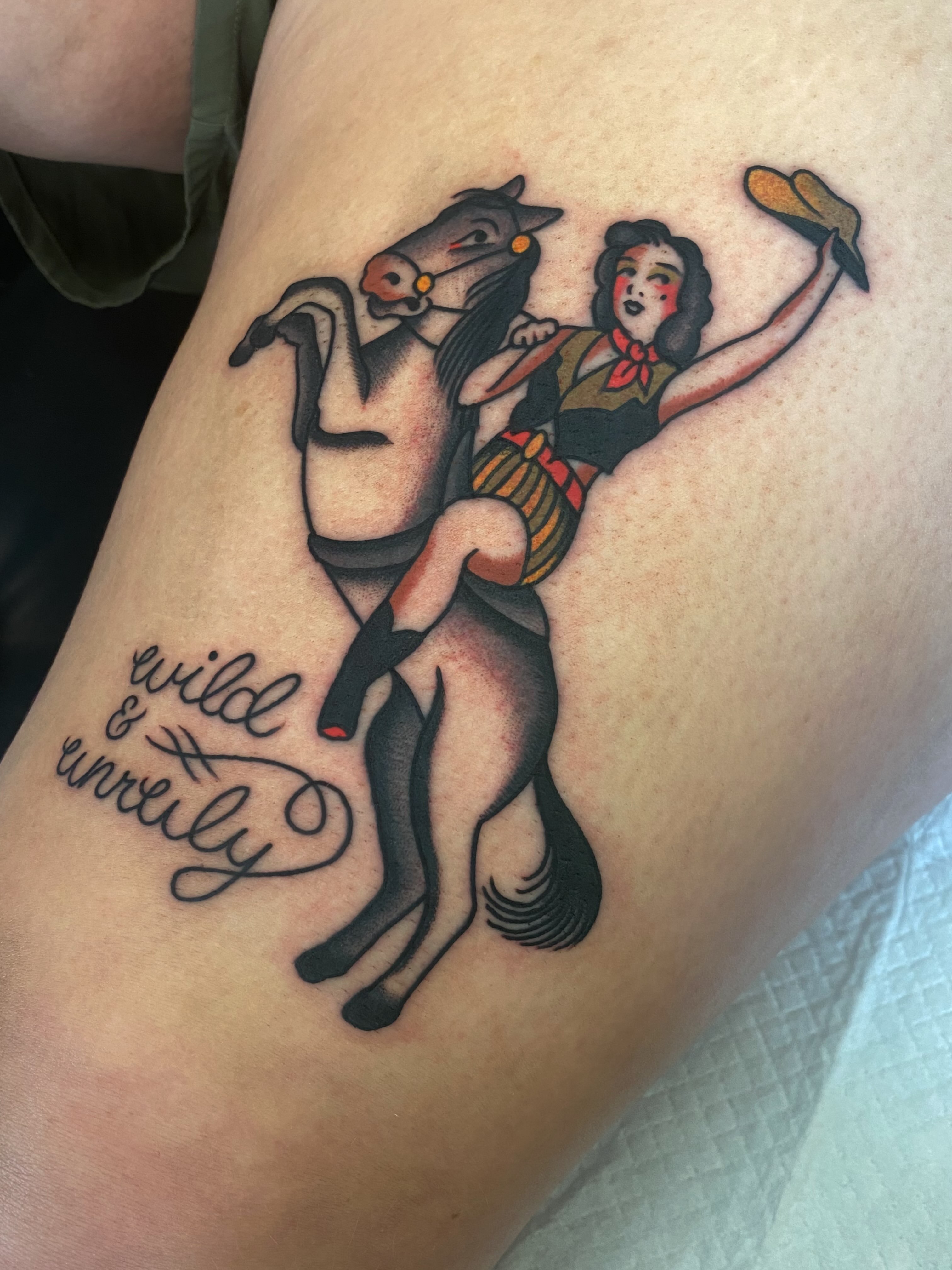 Woman riding horse American traditional tattoo on the thigh by Jaclin Grace Hastings