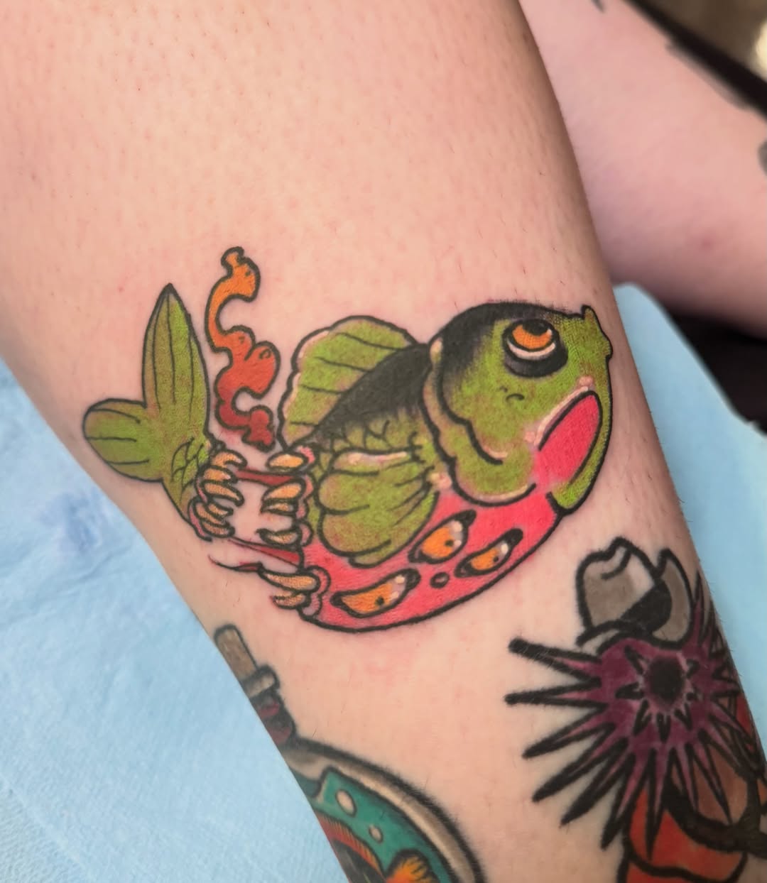 Frog American traditional tattoo on the forearm by Sean Wilcox, Des Moines, Iowa