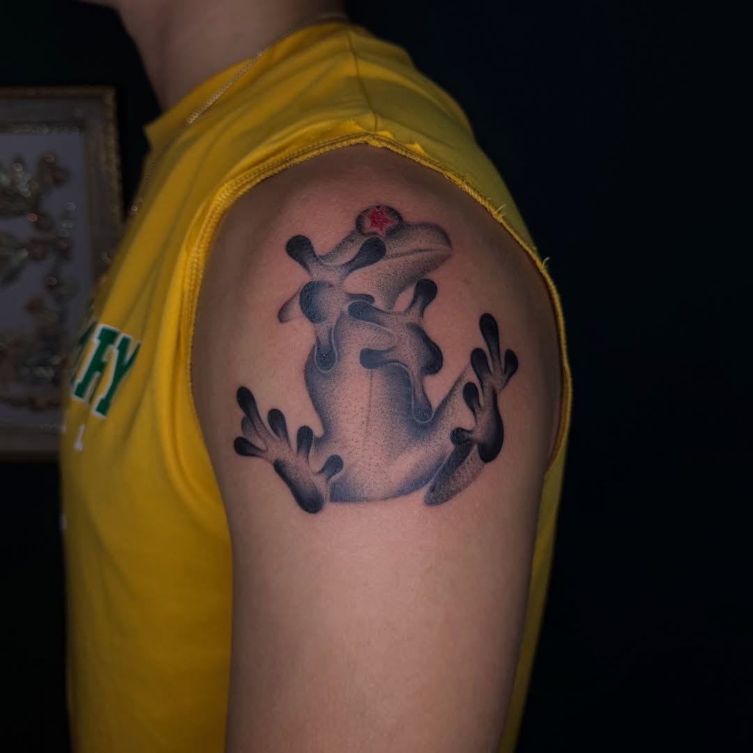 Frog dotwork tattoo on the shoulder by ༺☆༻
