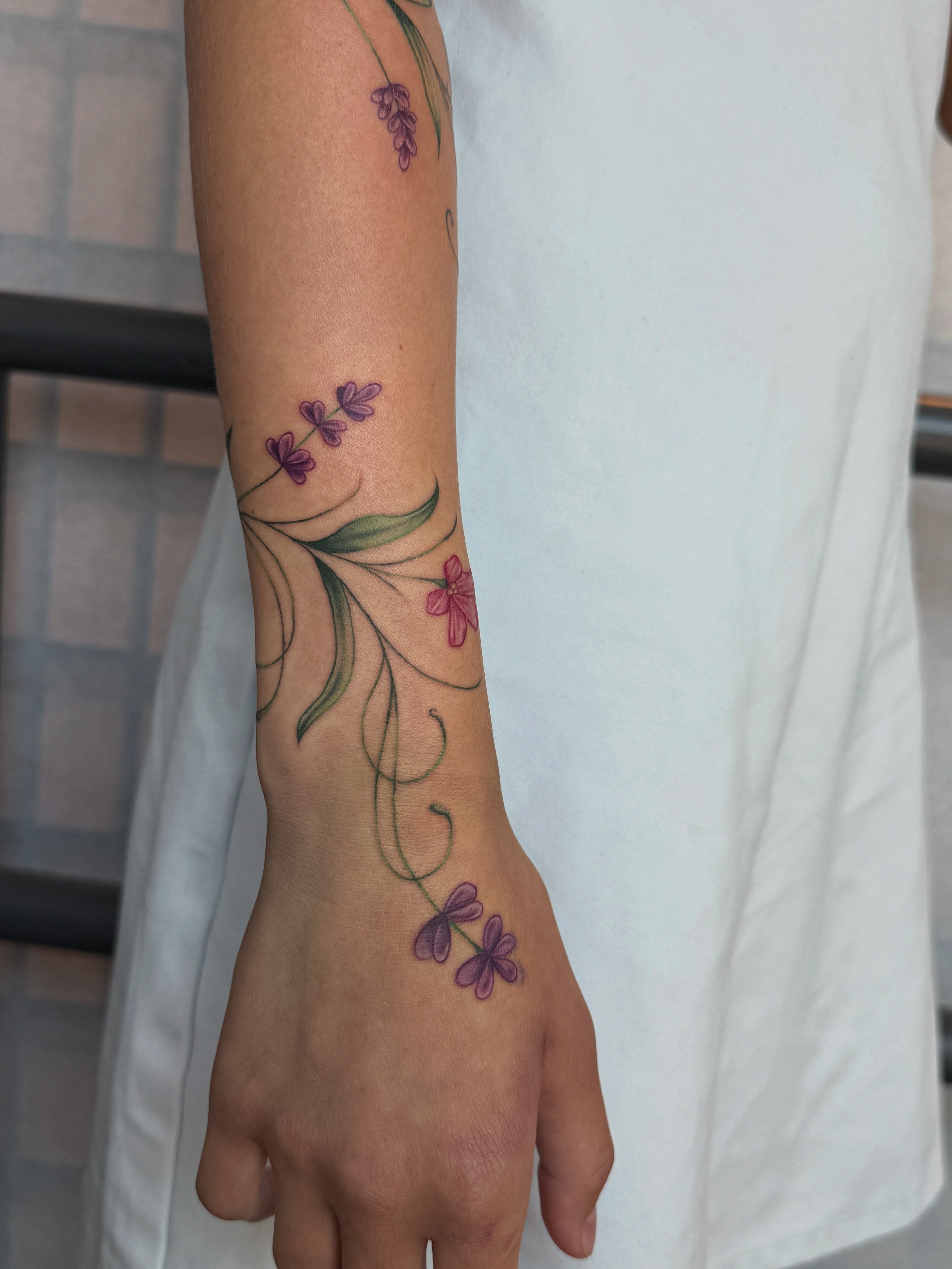 Flowers fine line tattoo on the forearm by ✨Syreena✨