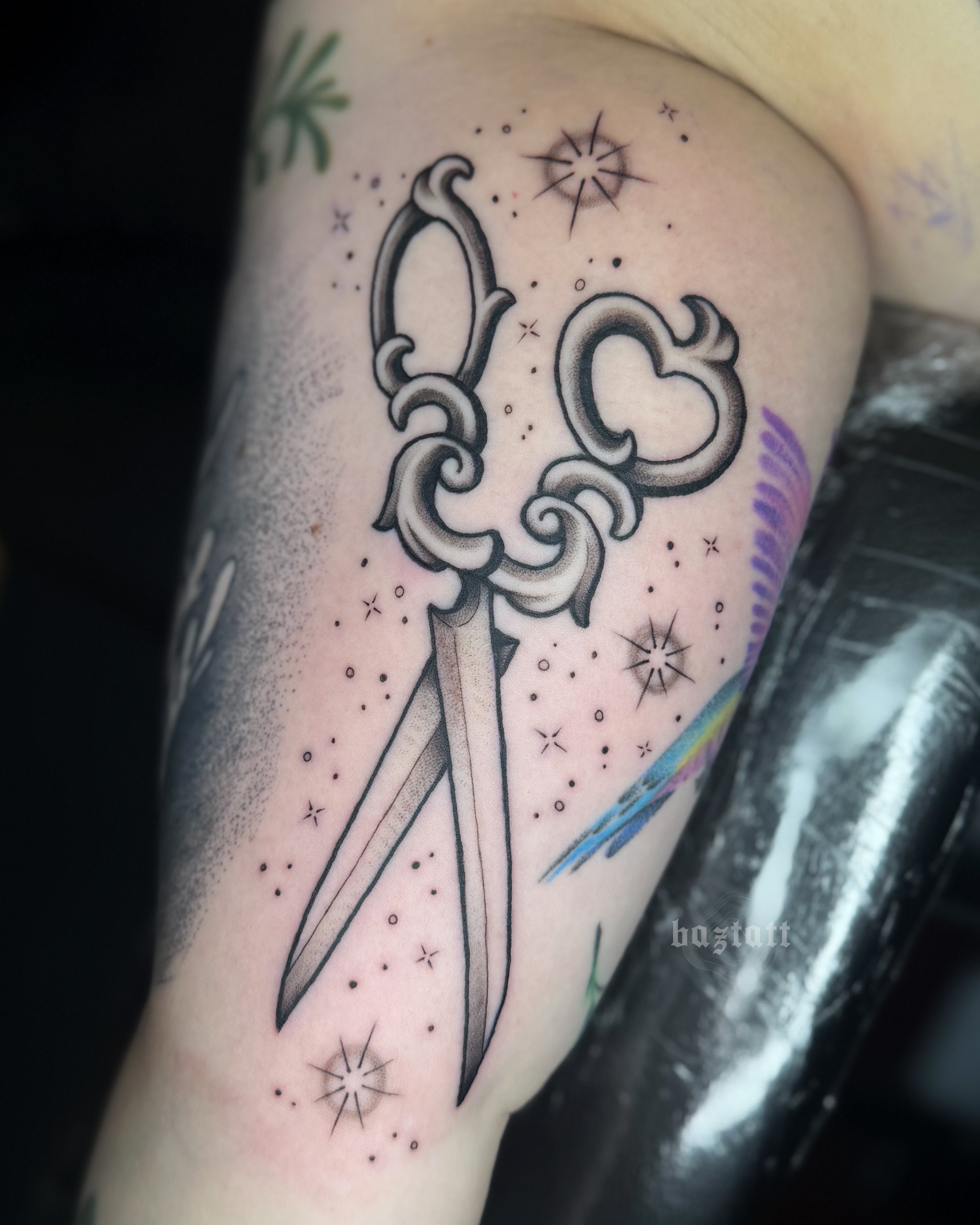 Scissors and stars dotwork tattoo on the forearm by bri allura ✿ tattoo artist  ✿ cleveland, oh