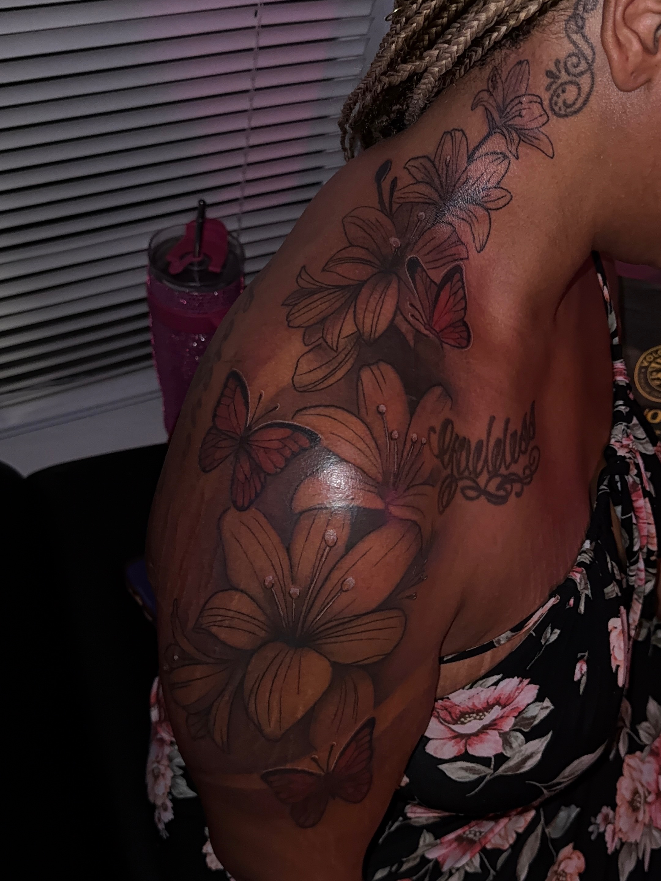 Flowers and butterflies realism tattoo on the shoulder by XoticTherapy, Las Vegas, Nevada