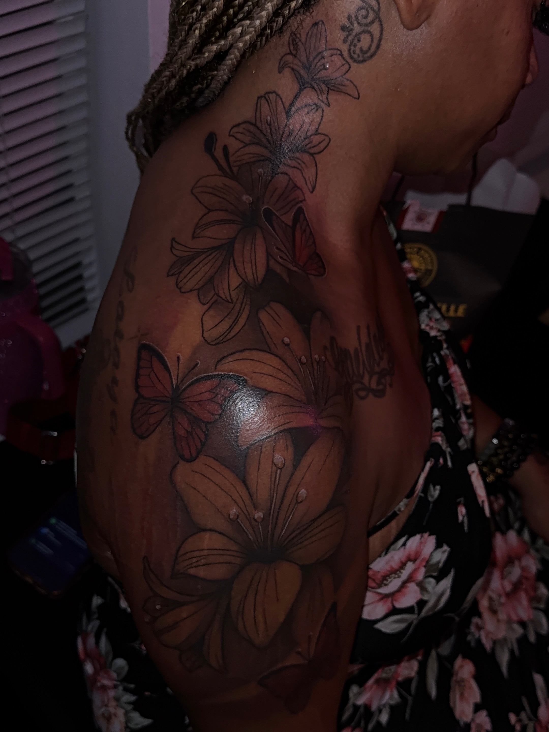 Flowers and butterflies black and grey tattoo on the shoulder by XoticTherapy, Las Vegas, Nevada